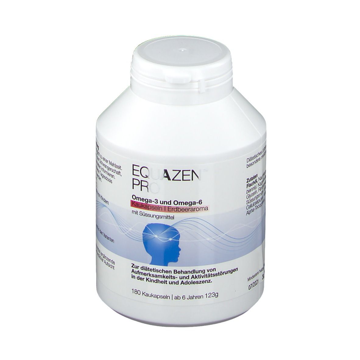 Weiße Flasche mit Schraubverschluss. Aufschrift: EQUAZEN PRO, Omega-3 und Omega-6, 180 Kapseln.