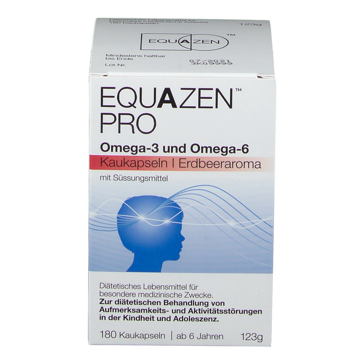 Produktverpackung. Aufschrift: EQUAZEN PRO, Omega-3 und Omega-6, 180 Kapseln.