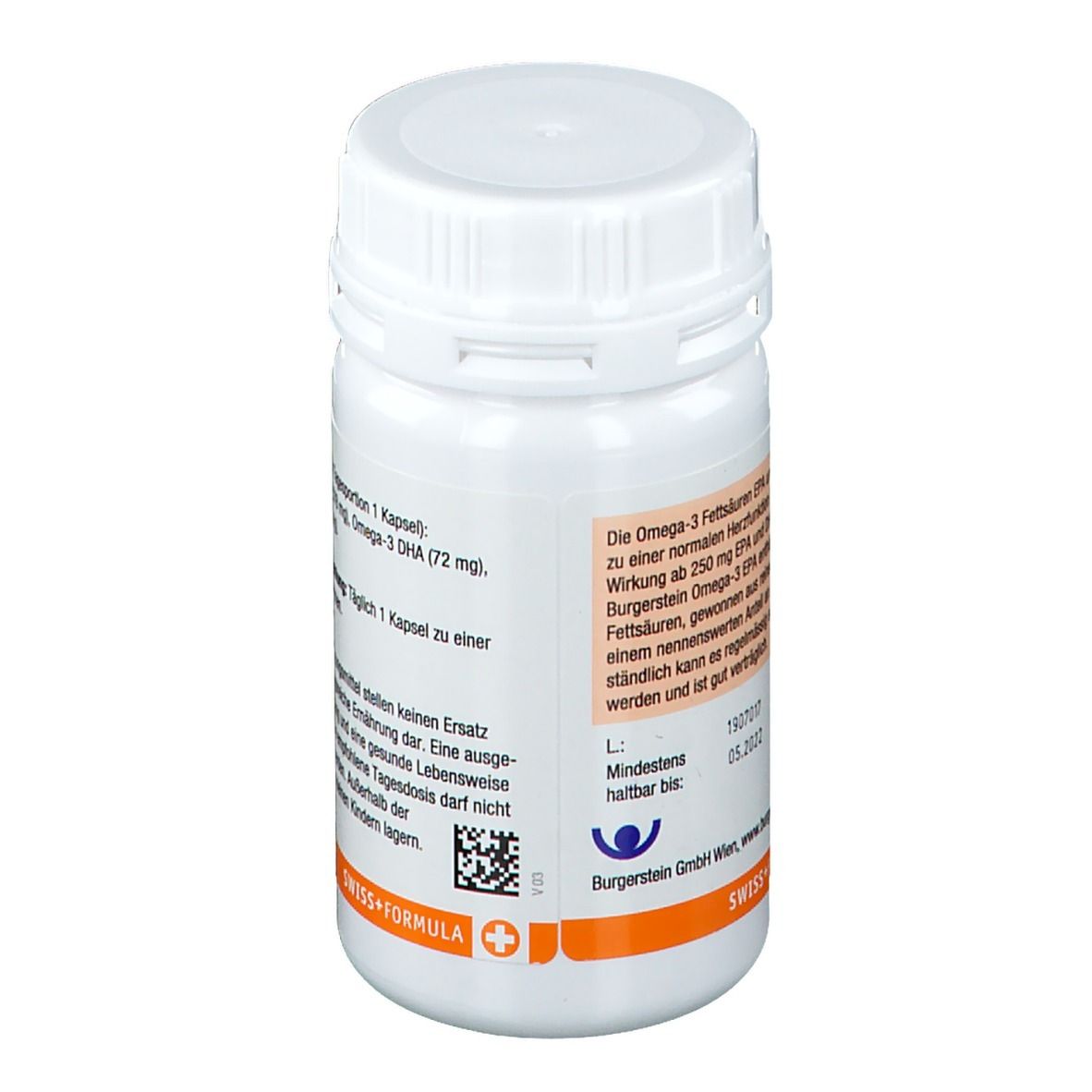 Rückseite der weißen Flasche. Text mit Nährwertangaben und Verzehrempfehlung. Swiss+Formula Logo.