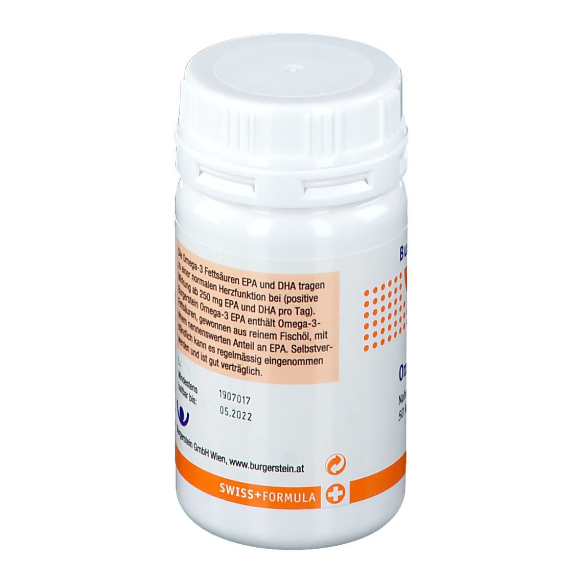 Rückseite der weißen Flasche. Text mit Nährwertangaben und Verzehrempfehlung. Swiss+Formula Logo.
