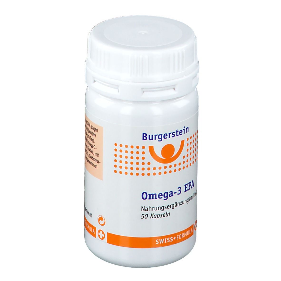 Weiße Flasche mit Schraubverschluss. Aufschrift: Burgerstein, Omega-3 EPA, 50 Kapseln. Orangefarbene Akzente.