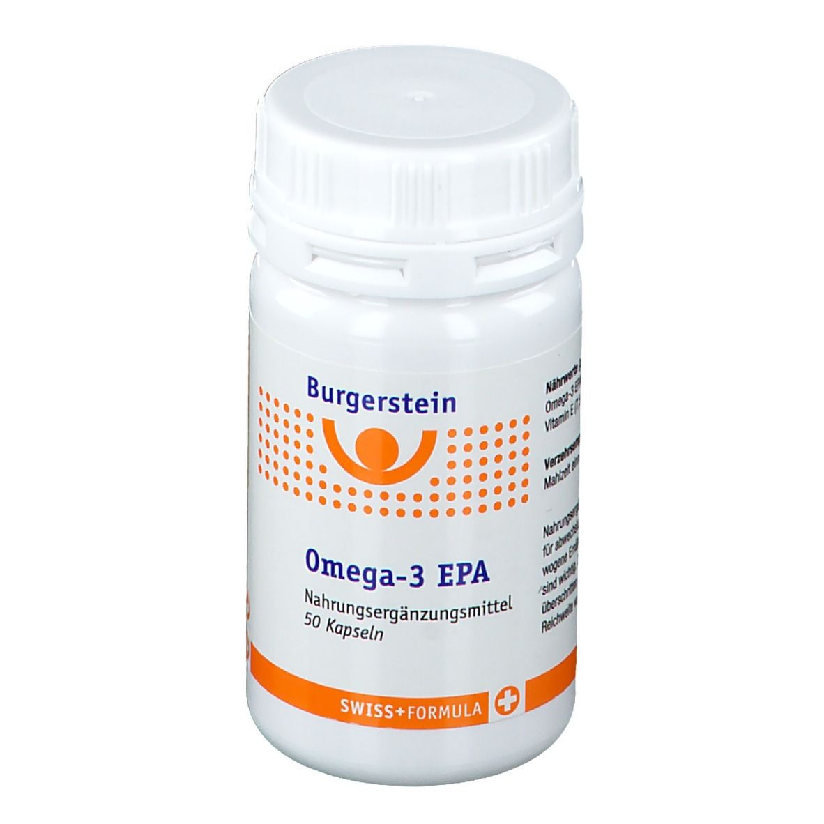 Weiße Flasche mit Schraubverschluss. Aufschrift: Burgerstein, Omega-3 EPA, 50 Kapseln. Orangefarbene Akzente.