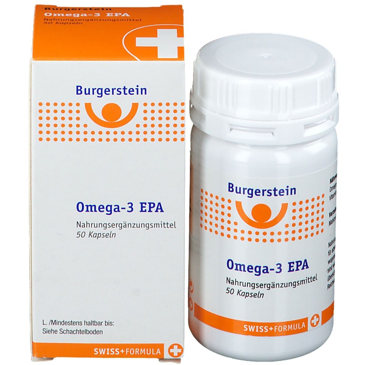 Weiße Flasche und Schachtel. Aufschrift: Burgerstein, Omega-3 EPA, 50 Kapseln. Orangefarbene Akzente. Swiss+Formula.