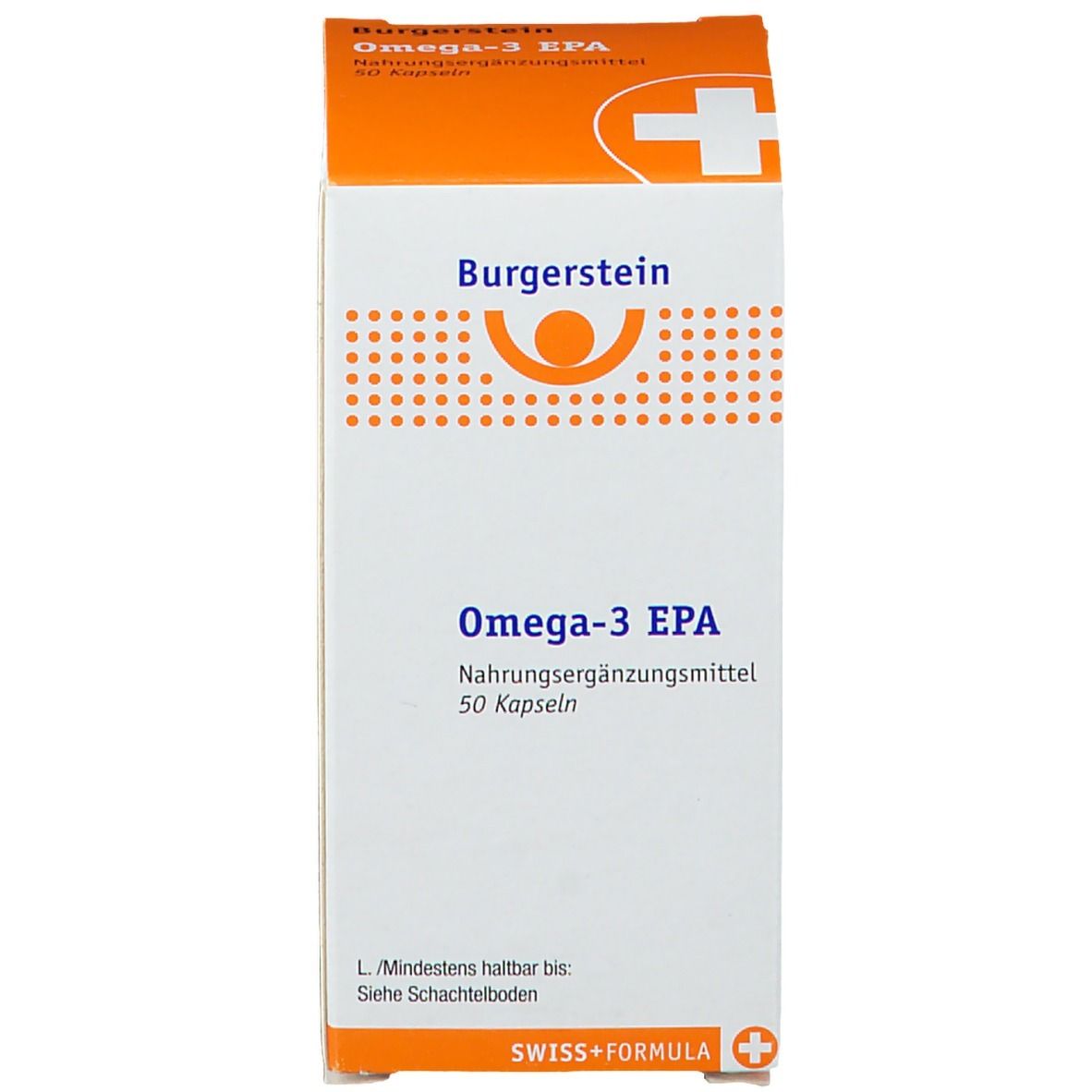 Weiße Schachtel mit Aufschrift: Burgerstein, Omega-3 EPA, 50 Kapseln. Orangefarbene Akzente. Swiss+Formula.