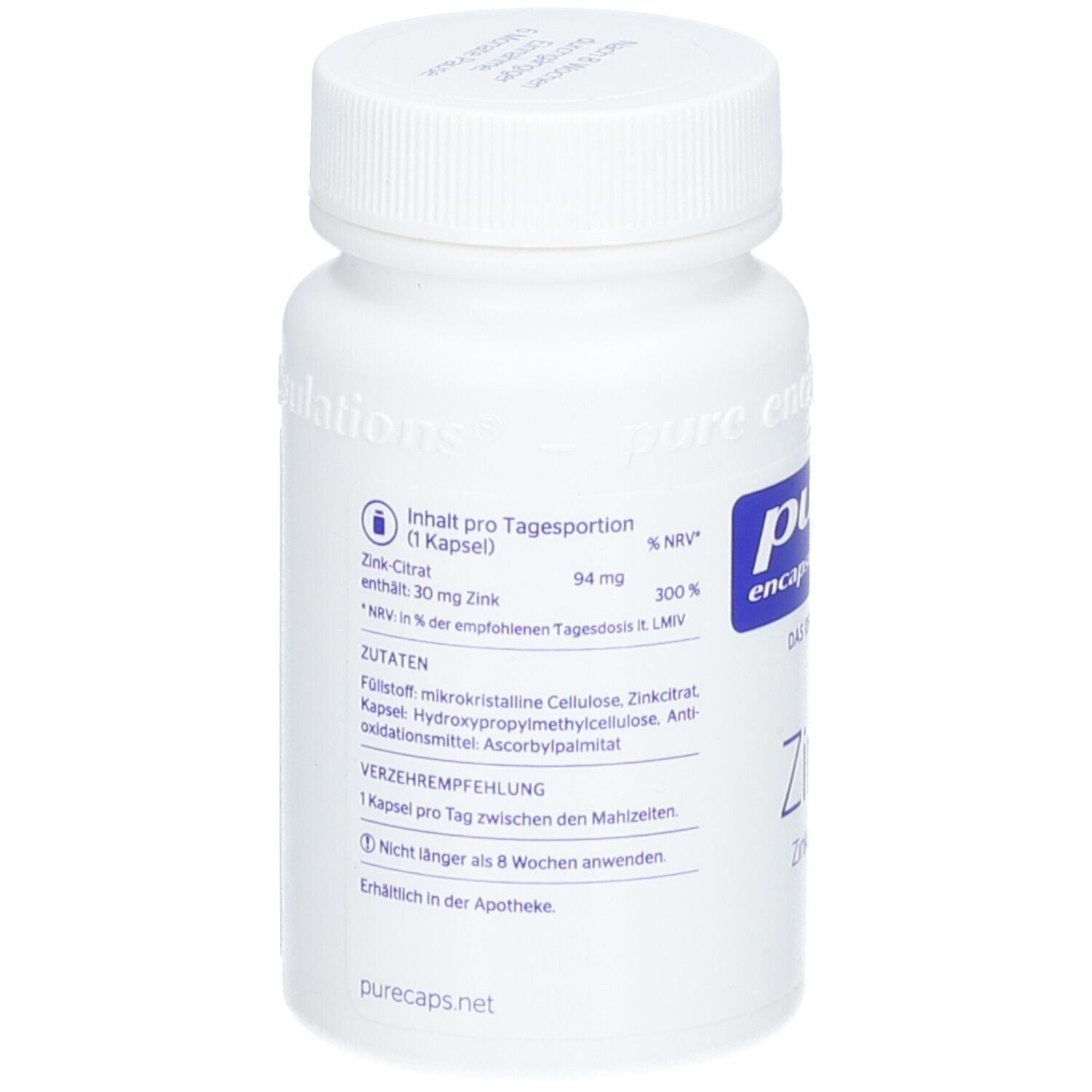 Flacon blanc avec texte. Informations sur les ingrédients, le dosage et les ingrédients. Inscription : pure encapsulations®.