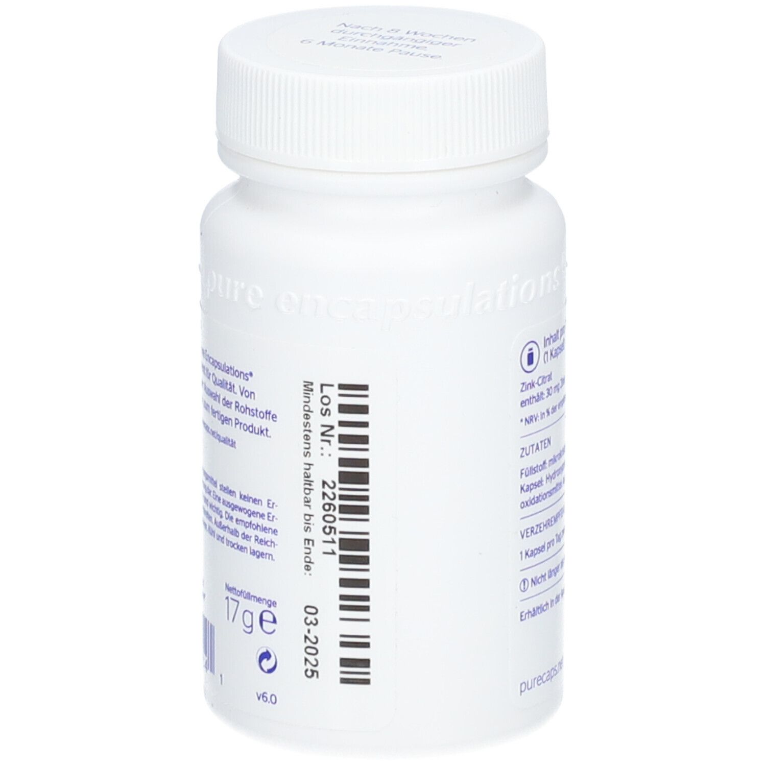 Flacon blanc avec texte et code-barres. Inscription : pure encapsulations®. A consommer de préférence avant 03-2025.