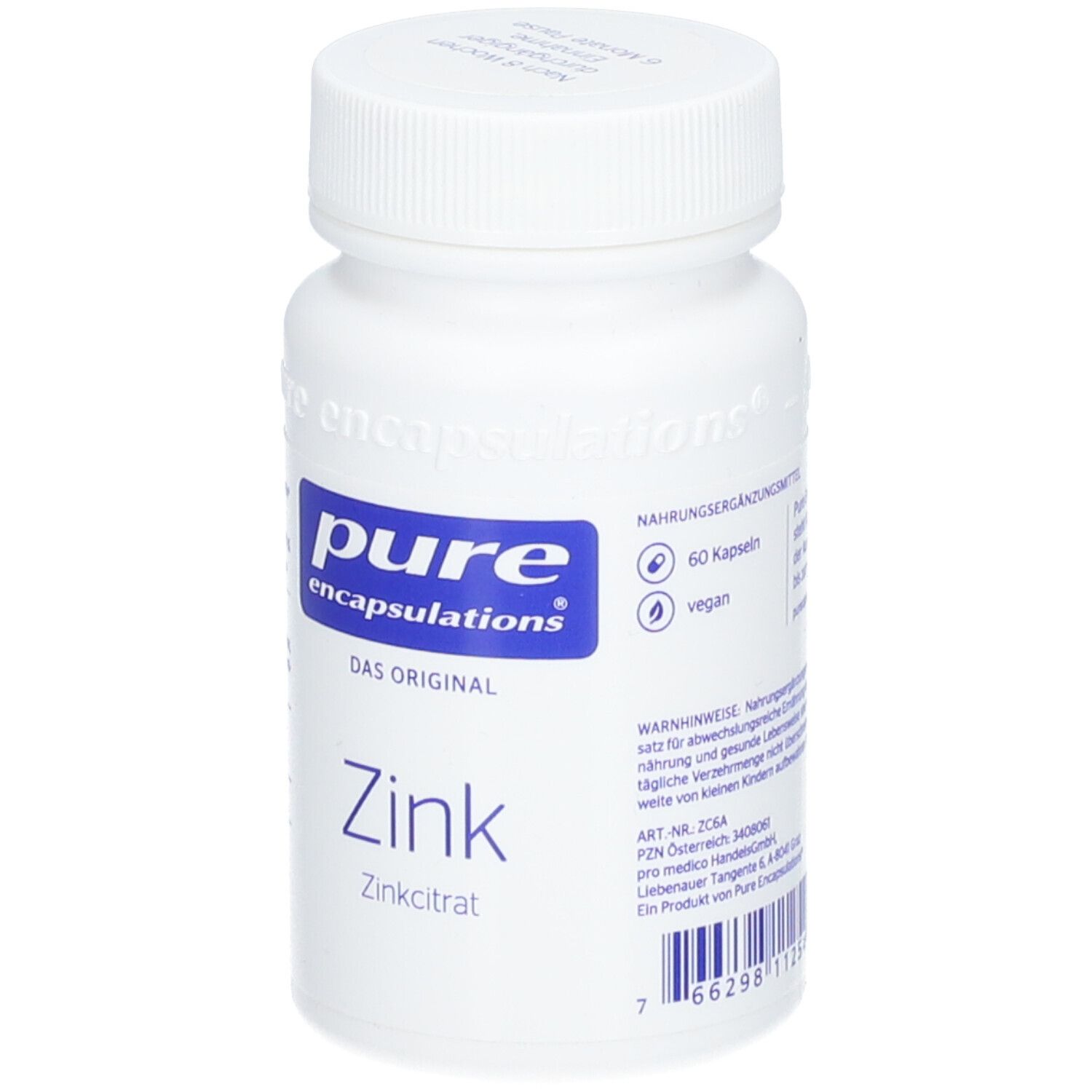 Flacon blanc avec étiquette bleue. Inscription : pure encapsulations®, Zinc, Zinc citrate. 60 gélules, végétalien.