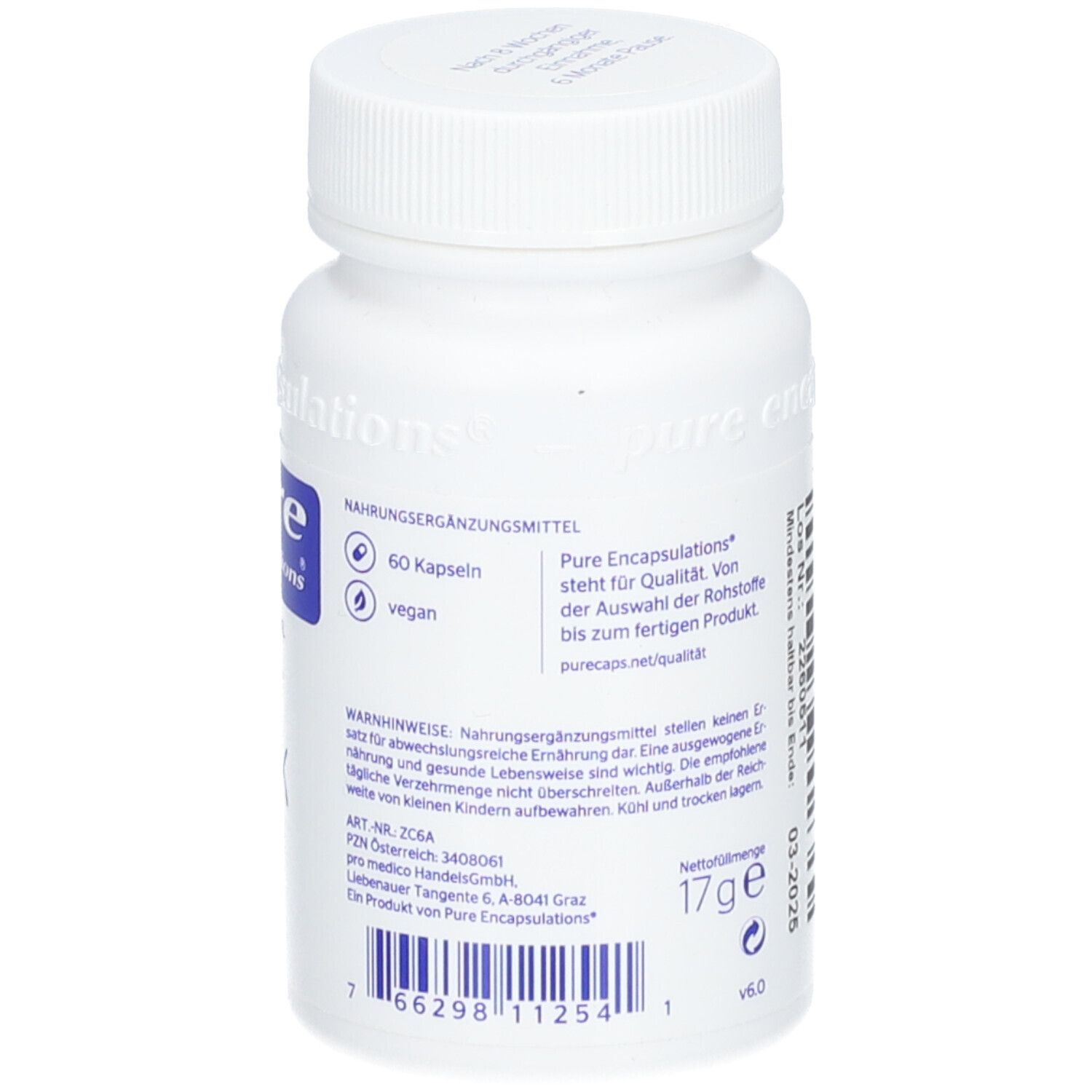 Flacon blanc avec texte et code-barres. Inscription : pure encapsulations®. 60 gélules, végétalien. Date de péremption.