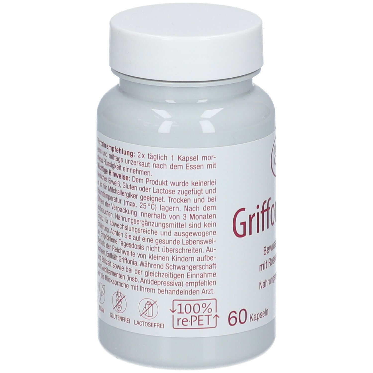 Graue Flasche mit weißem Deckel. Aufschrift: META CARE Griffonia Plus. 60 Kapseln. Text auf der Rückseite.