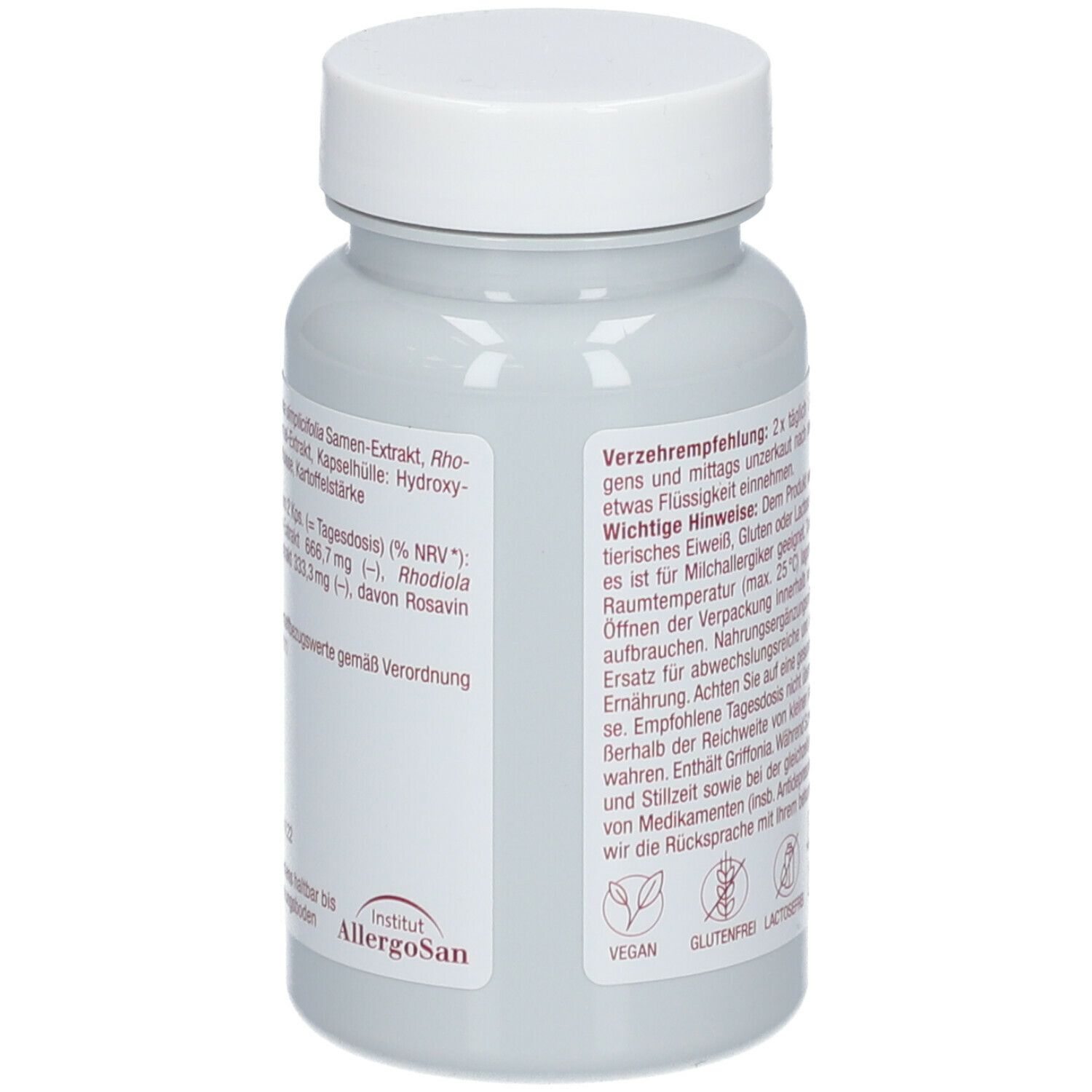 Graue Flasche mit weißem Deckel. Rückseite mit Text und Logo. Vegan, glutenfrei, laktosefrei.
