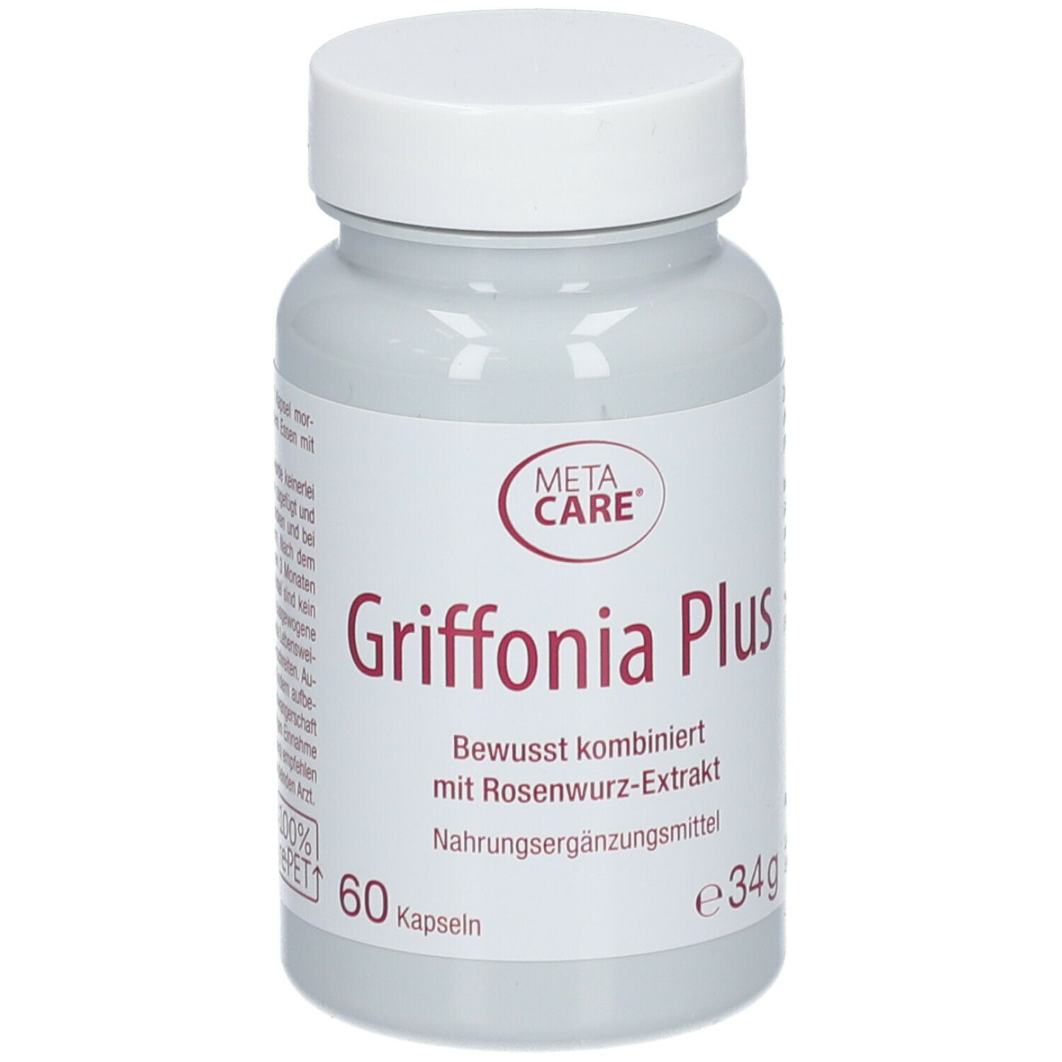 Graue Flasche mit weißem Deckel. Aufschrift: META CARE Griffonia Plus. 60 Kapseln. 34g.