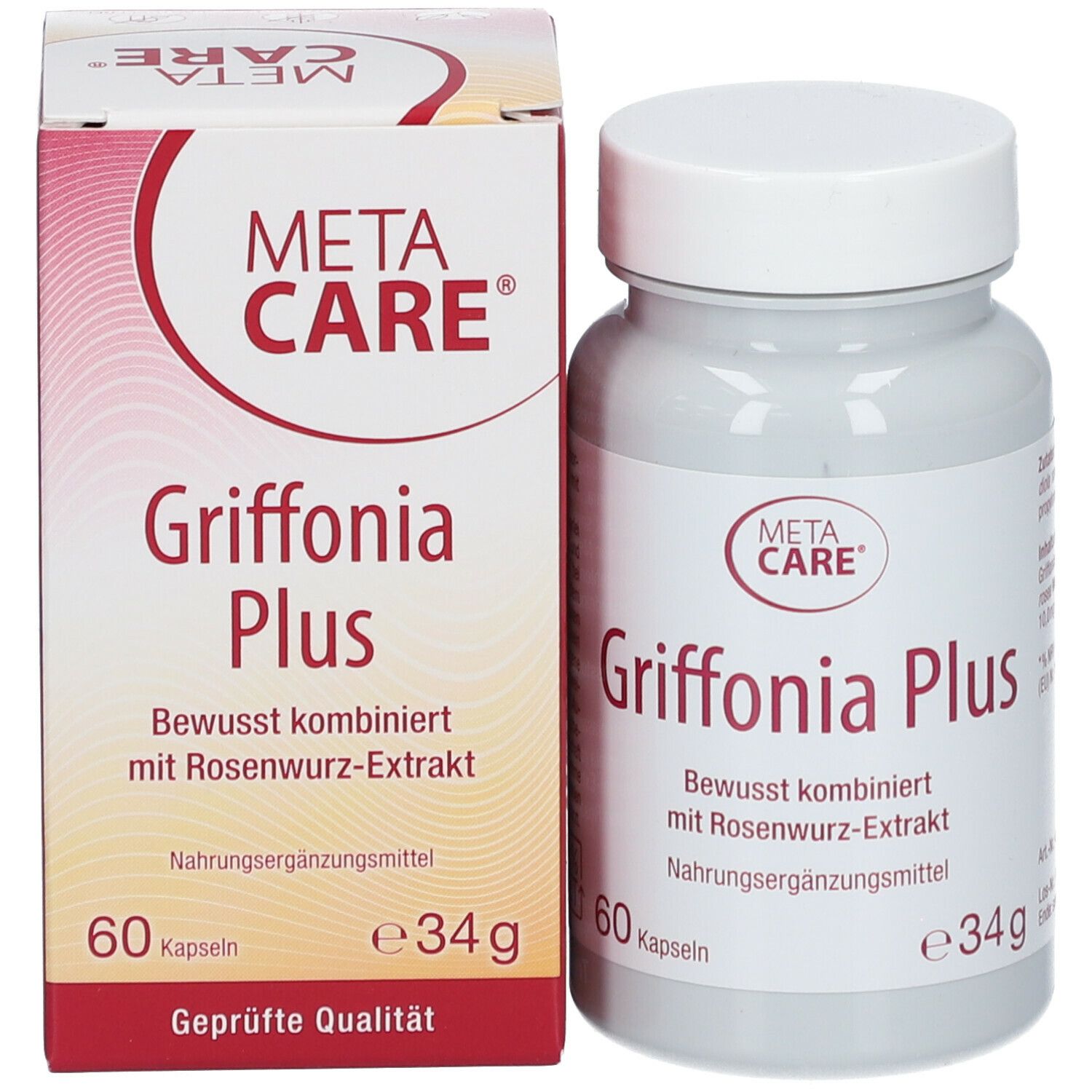 Produktverpackung und Flasche. Aufschrift: META CARE Griffonia Plus. 60 Kapseln. 34g.