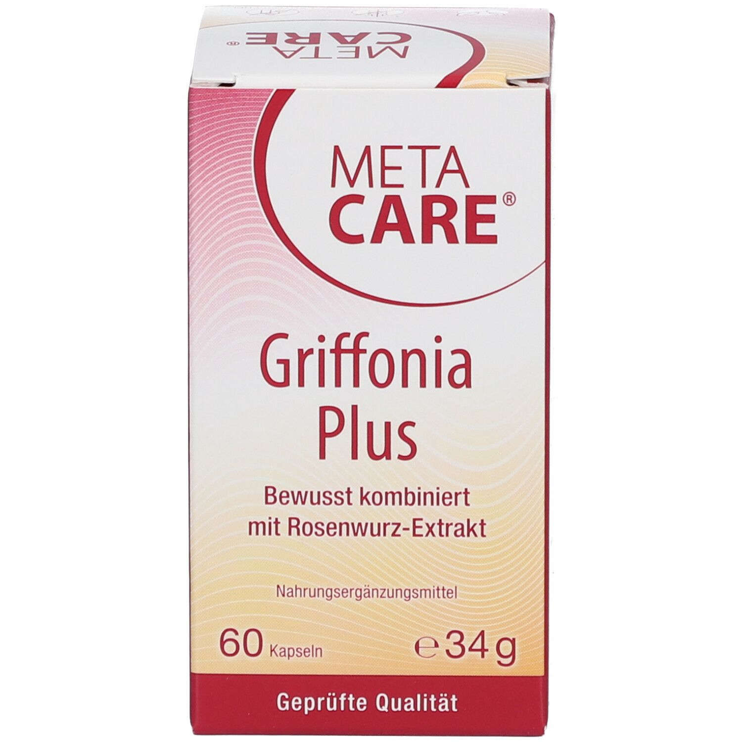 Produktverpackung. Aufschrift: META CARE Griffonia Plus. 60 Kapseln. 34g. Geprüfte Qualität.