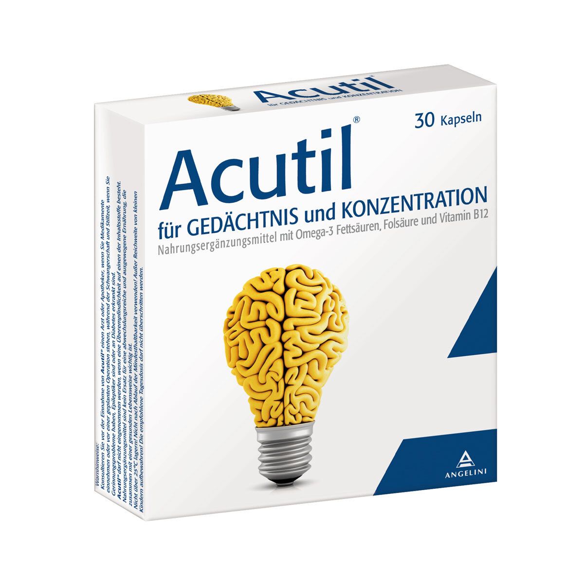 Boîte blanche Acutil avec logo et texte. Illustration d'un cerveau en forme d'ampoule. 30 gélules.