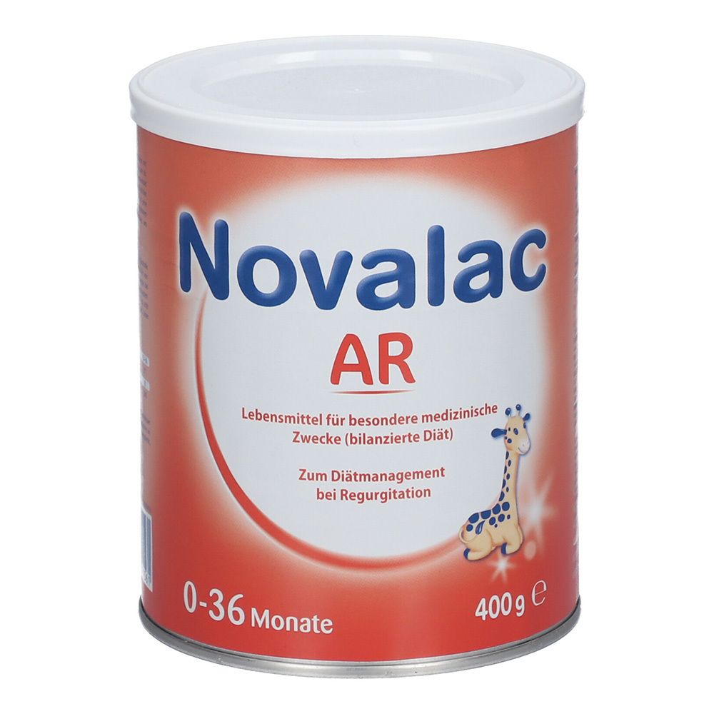 Novalac AR-Milchnahrung in Dose. Aufschrift: 0-36 Monate, 400g. Mit Illustration eines Giraffenbabys.