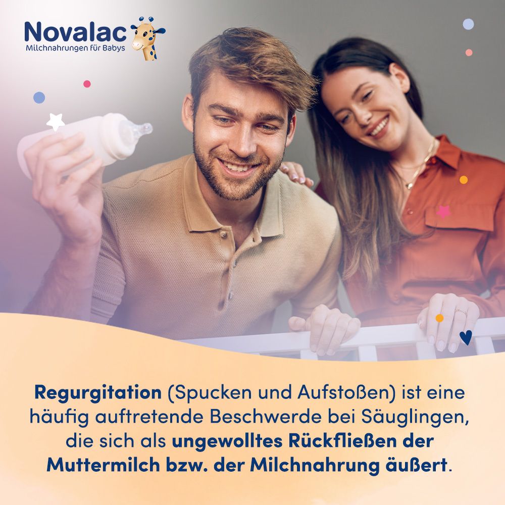 Eltern mit Baby. Text: Regurgitation (Spucken und Aufstoßen) ist eine häufig auftretende Beschwerde bei Säuglingen.