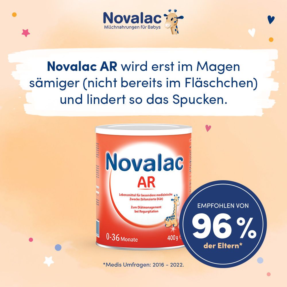 Novalac AR-Dose und Text: Novalac AR wird erst im Magen sämiger und lindert so das Spucken. Empfohlen von 96% der Eltern.