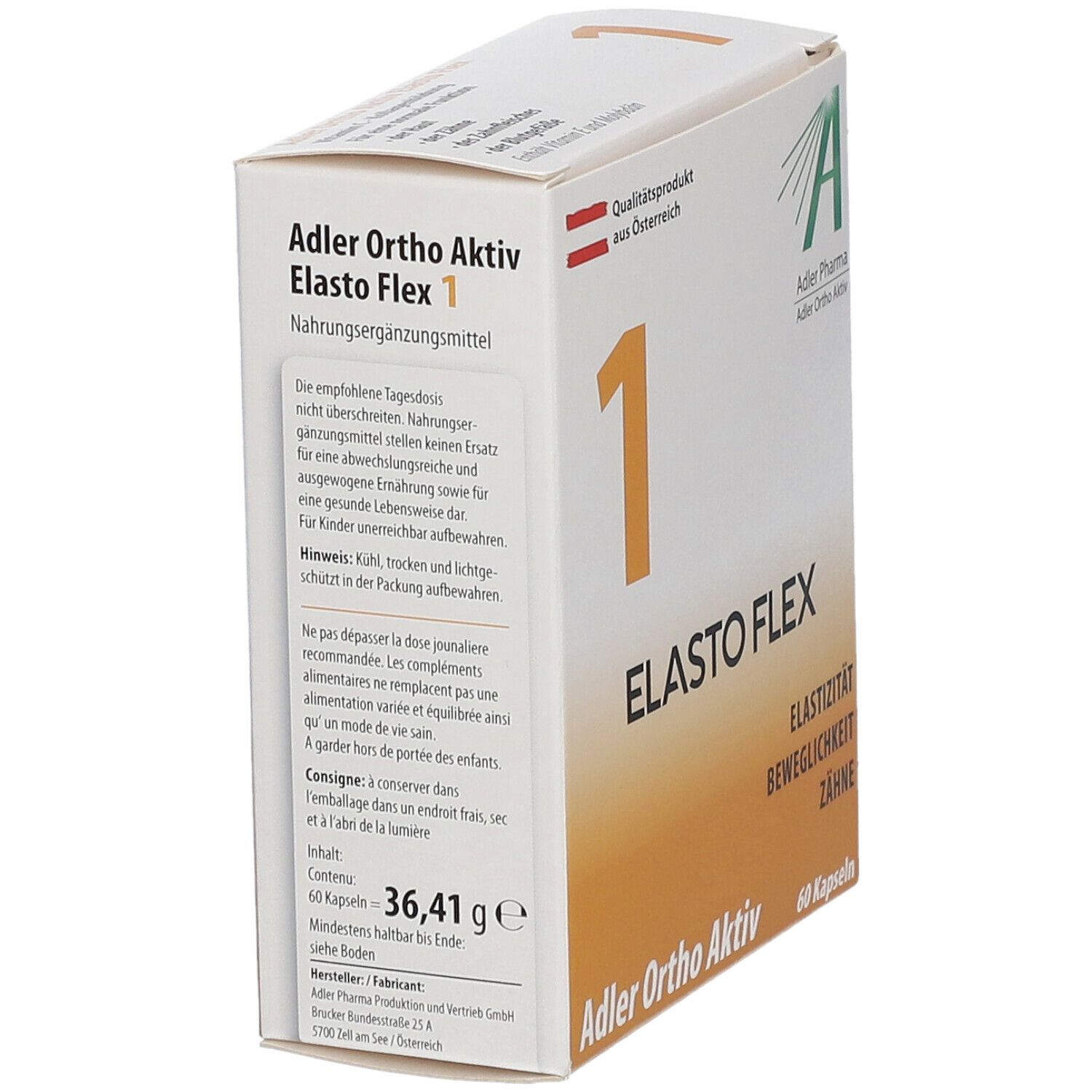 Schrägansicht einer weißen Schachtel mit "Elasto Flex 1". Text in Deutsch und Französisch. 60 Kapseln, 36,41g.