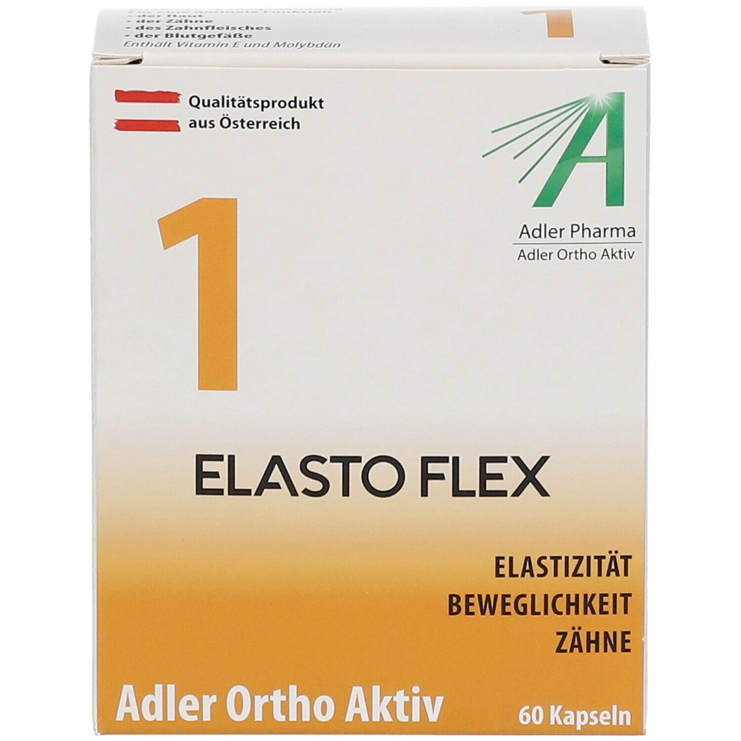 Weiße Schachtel mit orangefarbenem "1" und "Elasto Flex"-Schriftzug. "Adler Ortho Aktiv" und "60 Kapseln" sind sichtbar.