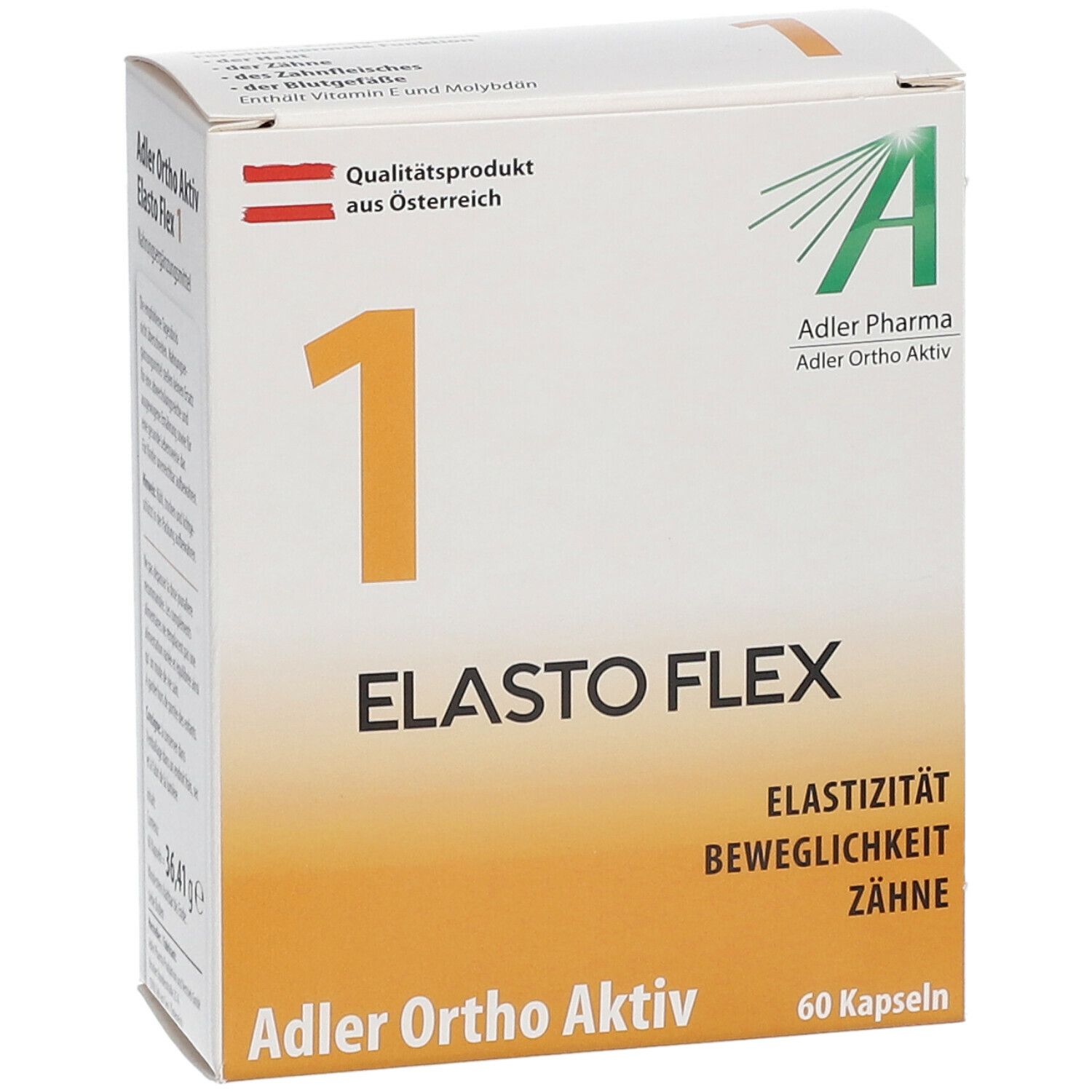 Weiße Schachtel mit orangefarbenem "1" und "Elasto Flex"-Schriftzug. "Adler Ortho Aktiv" und "60 Kapseln" sind sichtbar.
