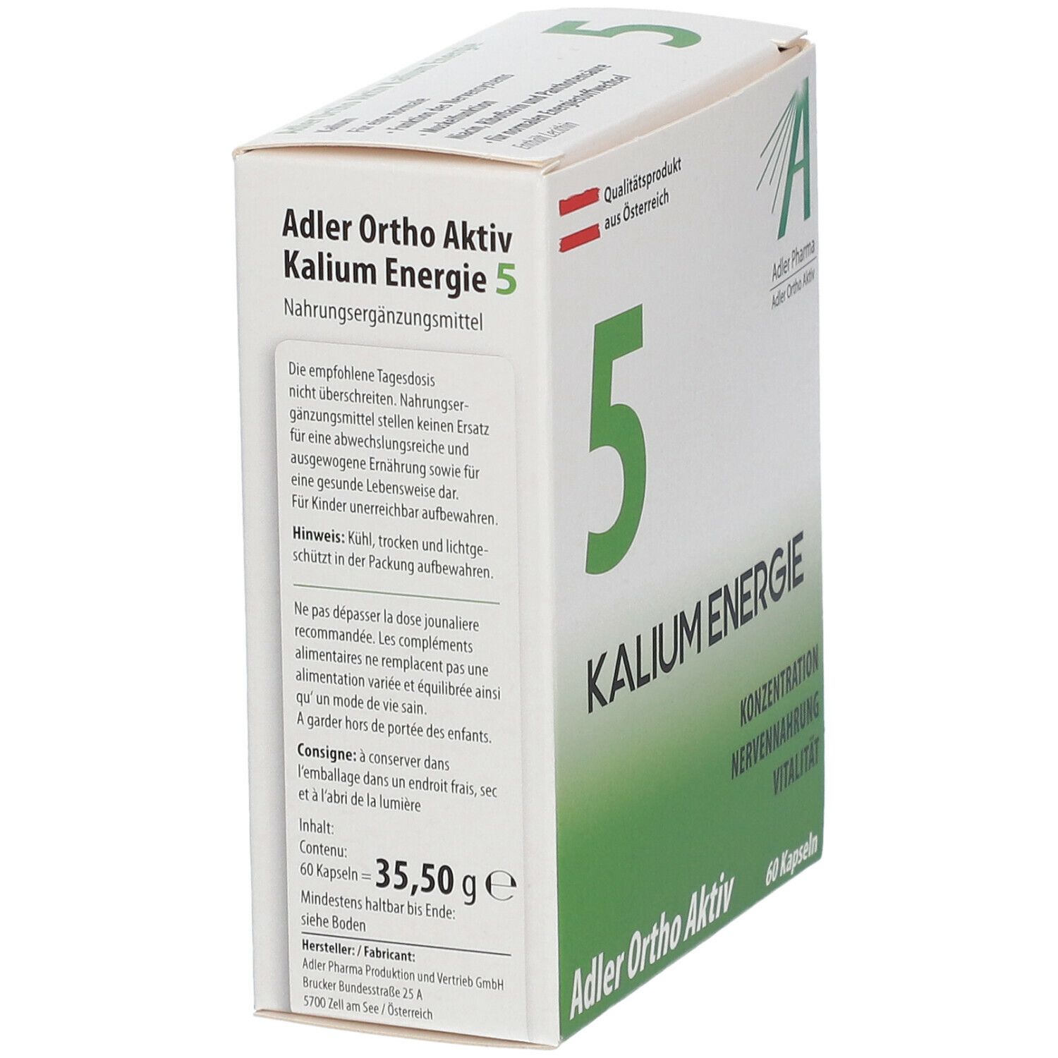 Karton mit "5" und Text "KALIUM ENERGIE". Marke: Adler Ortho Aktiv. Enthält 60 Kapseln. Seitenansicht mit Text und Logo.