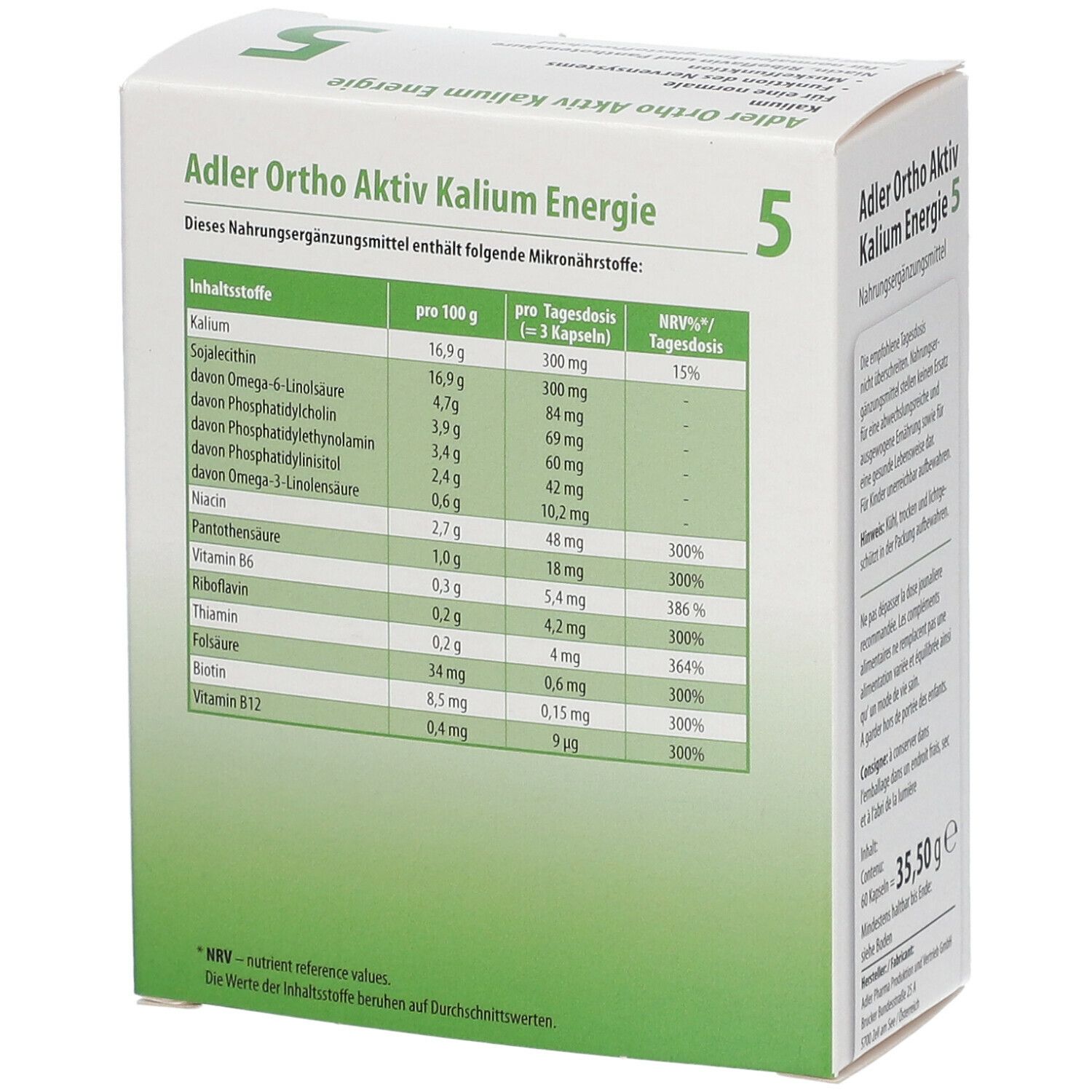 Karton mit Nährwerttabelle. Enthält Inhaltsstoffe pro 100g und pro Tagesdosis. Enthält Vitamine und Mineralstoffe. Text in Deutsch.