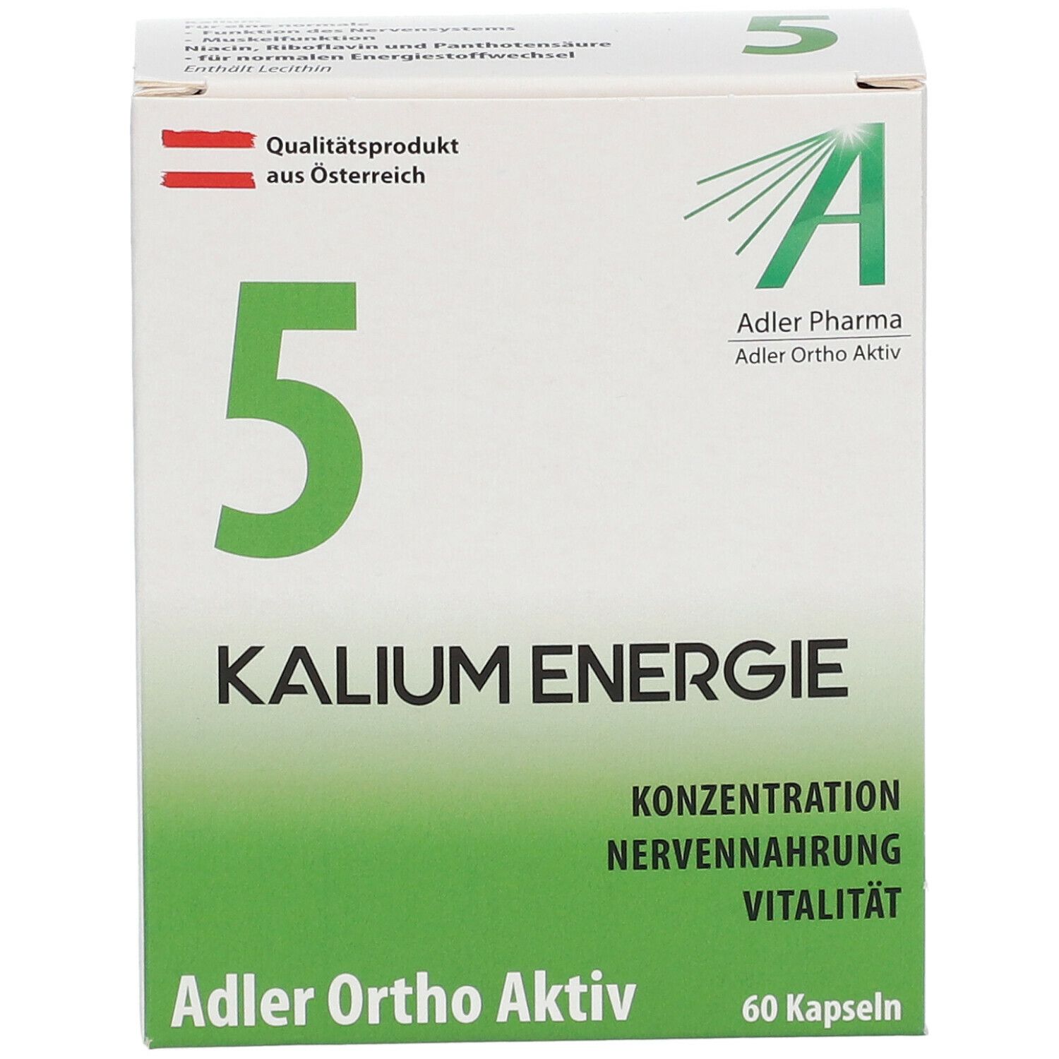 Weißer Karton mit grünen Akzenten. Große grüne "5" und Text "KALIUM ENERGIE". Marke: Adler Ortho Aktiv. 60 Kapseln.