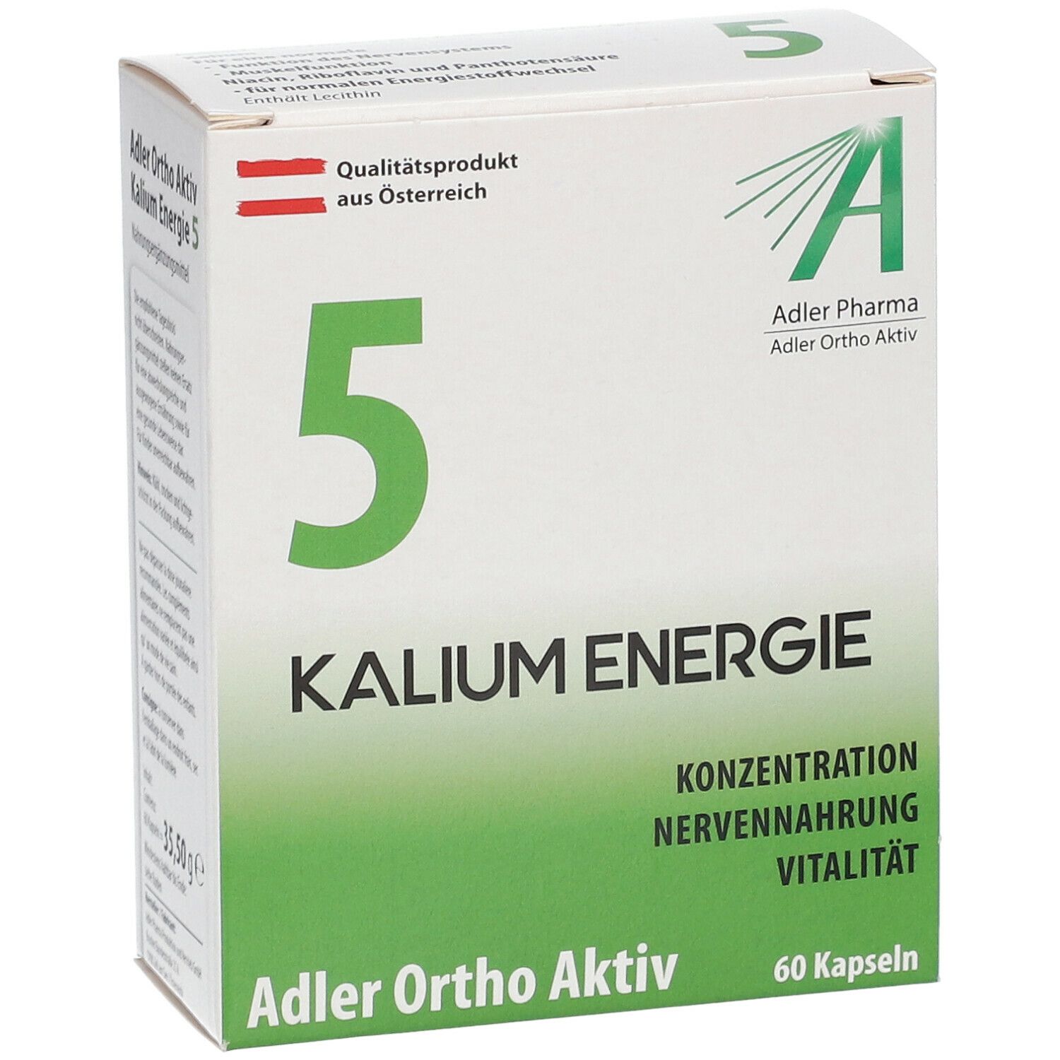 Weißer Karton mit grünen Akzenten. Große grüne "5" und Text "KALIUM ENERGIE". Marke: Adler Ortho Aktiv. 60 Kapseln.