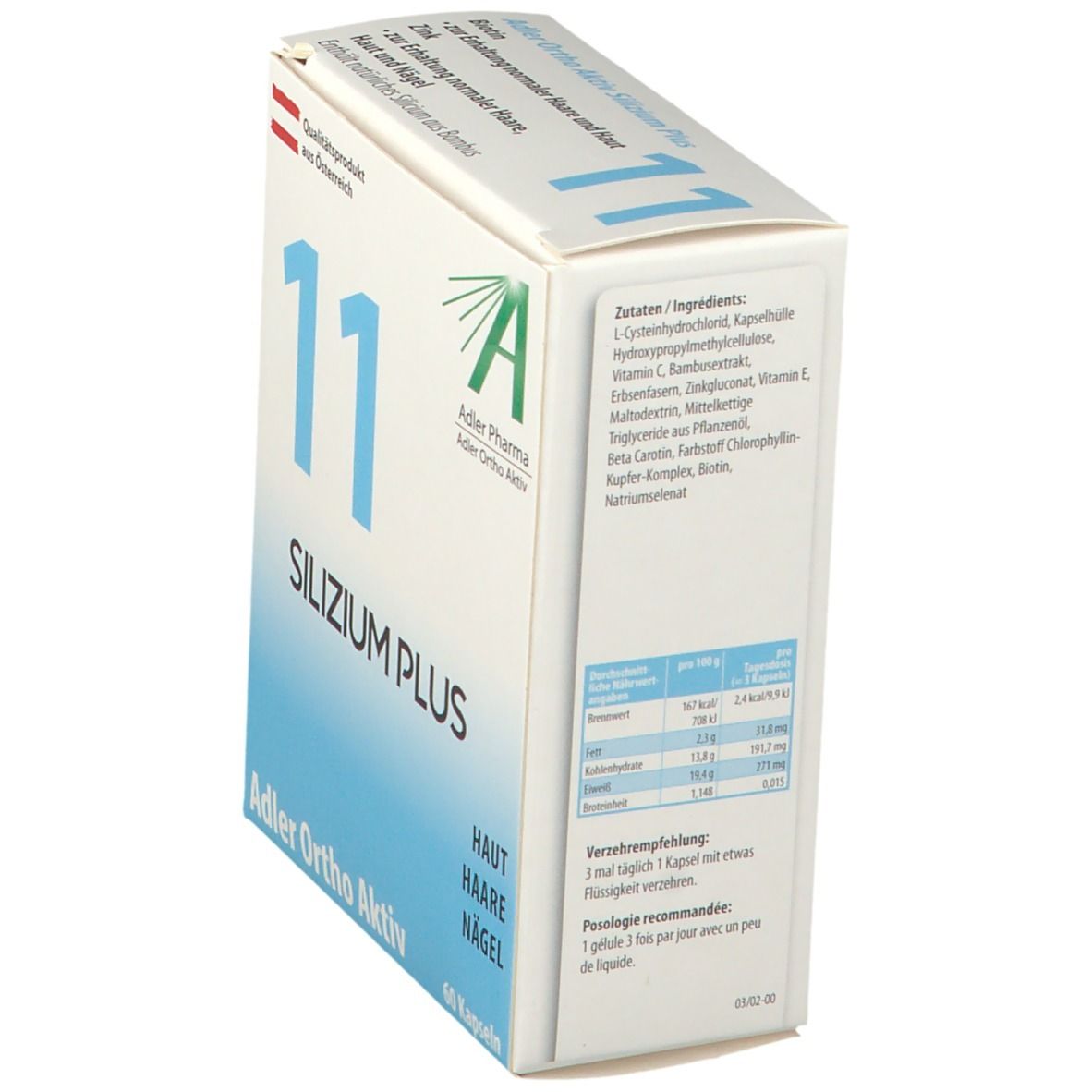 Boîte avec "11 SILIZIUM PLUS". Sur le côté : ingrédients, tableau nutritionnel et recommandations. "Adler Pharma" et 60 gélules sont également visibles.