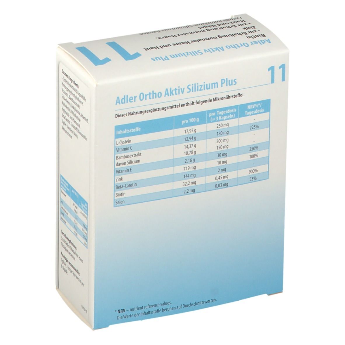 Boîte avec "11 SILIZIUM PLUS". Dos avec tableau nutritionnel. "Adler Pharma" et "60 gélules" sont également visibles.