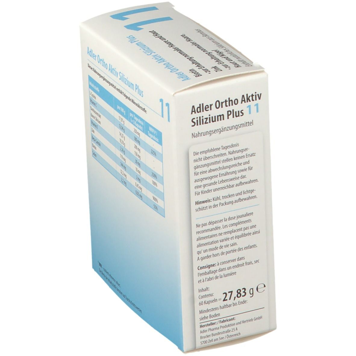 Boîte avec "11 SILIZIUM PLUS". Dos avec informations nutritionnelles et avertissements. "Adler Pharma" et "60 gélules" sont également visibles.