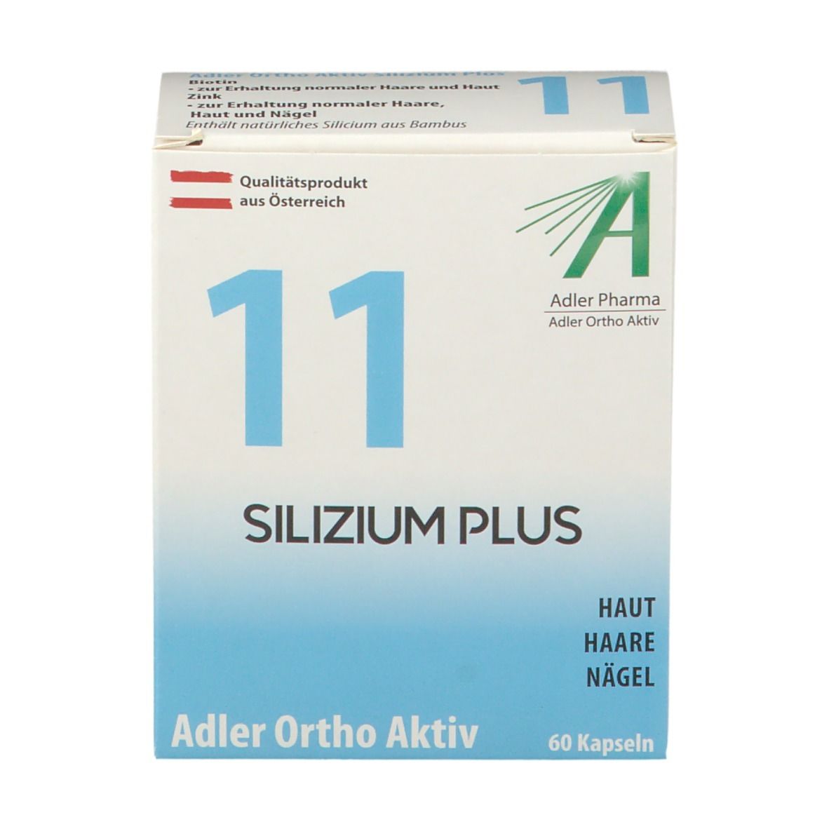 Boîte blanche et bleue avec "11 SILIZIUM PLUS". Contient 60 gélules. "Adler Pharma" et "Qualité produit d'Autriche" sont également visibles.