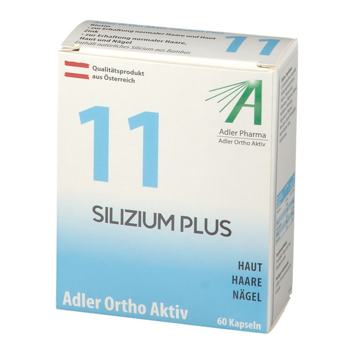 Boîte blanche et bleue avec "11 SILIZIUM PLUS". Contient 60 gélules. "Adler Pharma" et "Qualité produit d'Autriche" sont également visibles.