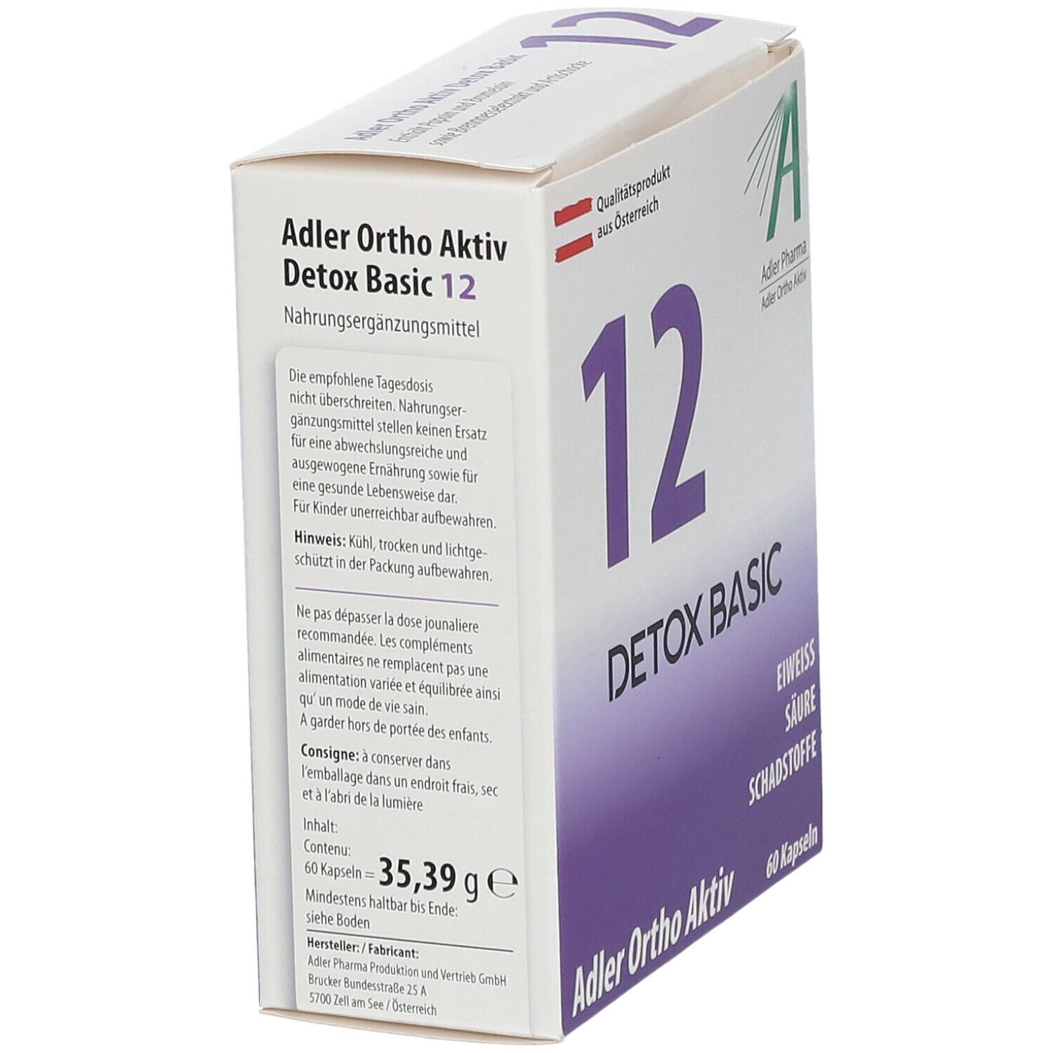 Schräg stehende weiße Schachtel. 'Adler Ortho Aktiv Detox Basic 12'. Text über Nahrungsergänzungsmittel. '60 Kapseln' und Gewicht.