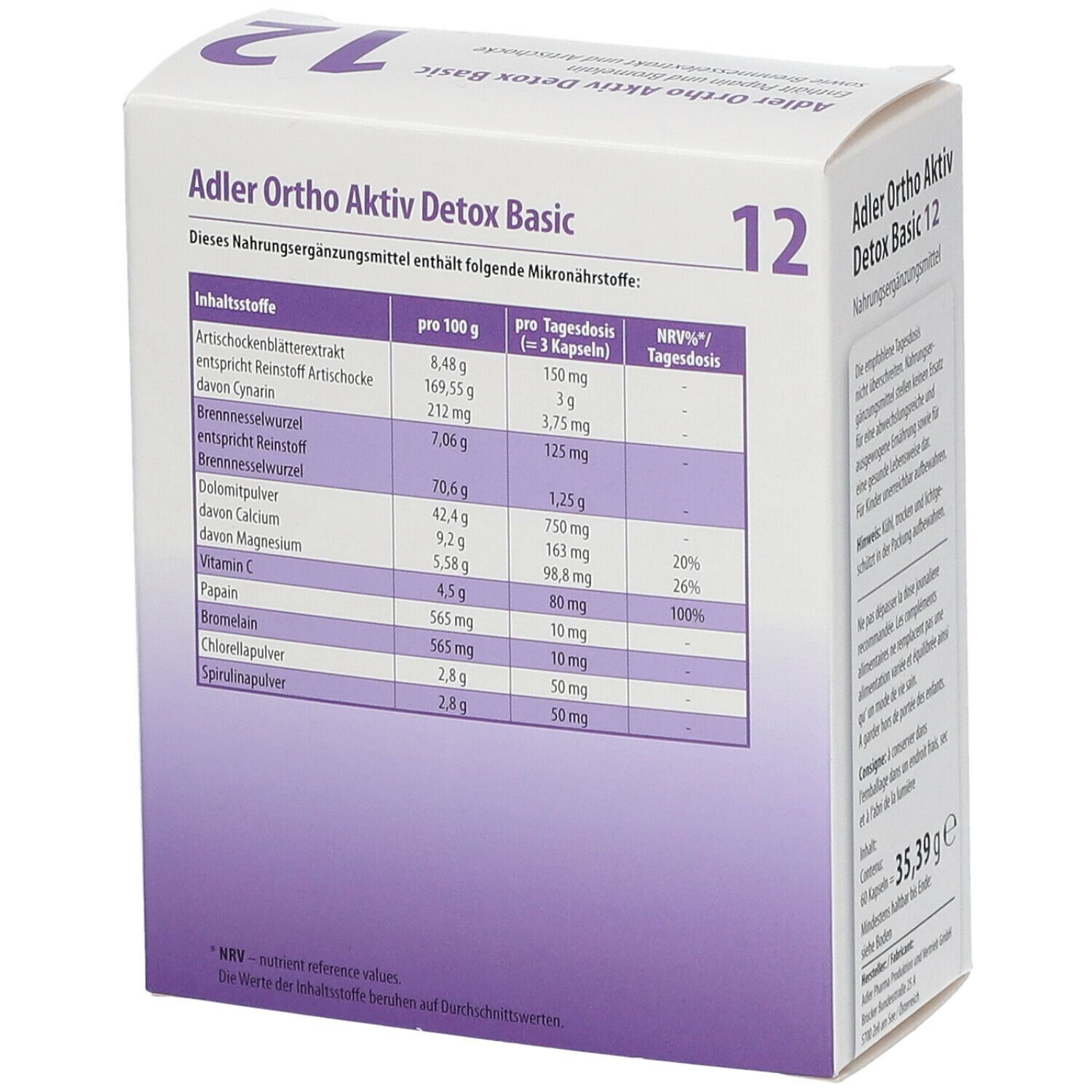 Weiße Schachtel mit Inhaltsstofftabelle. 'Adler Ortho Aktiv Detox Basic'. Auflistung von Inhaltsstoffen und Nährwerten pro Portion.