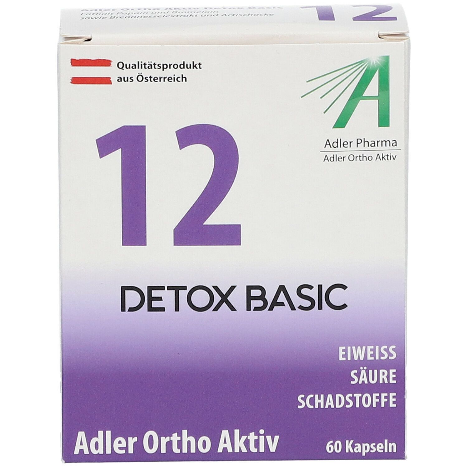 Weiße Schachtel mit lila Akzenten. Große '12' und 'DETOX BASIC' Schriftzug. 'Adler Ortho Aktiv' und '60 Kapseln' sichtbar.