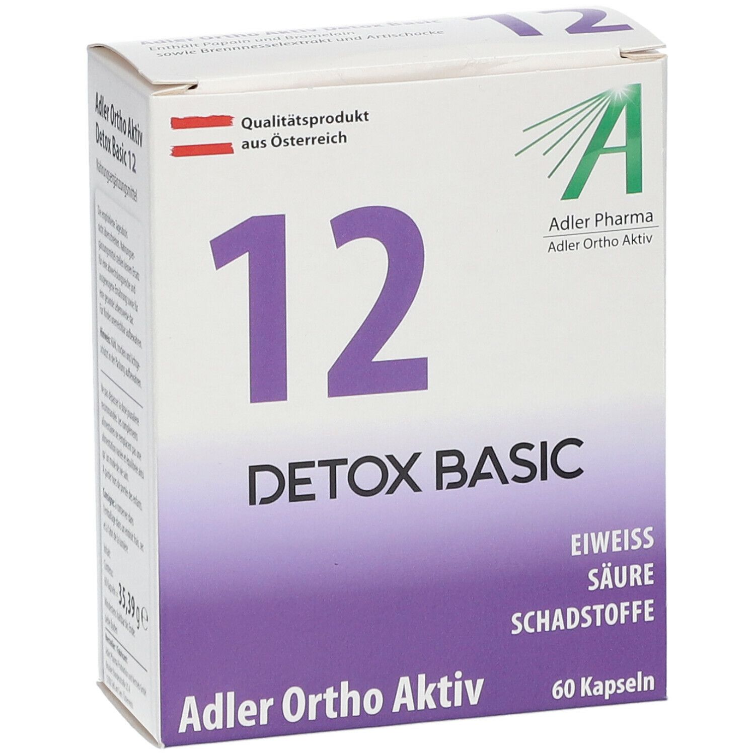 Weiße Schachtel mit lila Akzenten. Große '12' und 'DETOX BASIC' Schriftzug. 'Adler Ortho Aktiv' und '60 Kapseln' sichtbar.