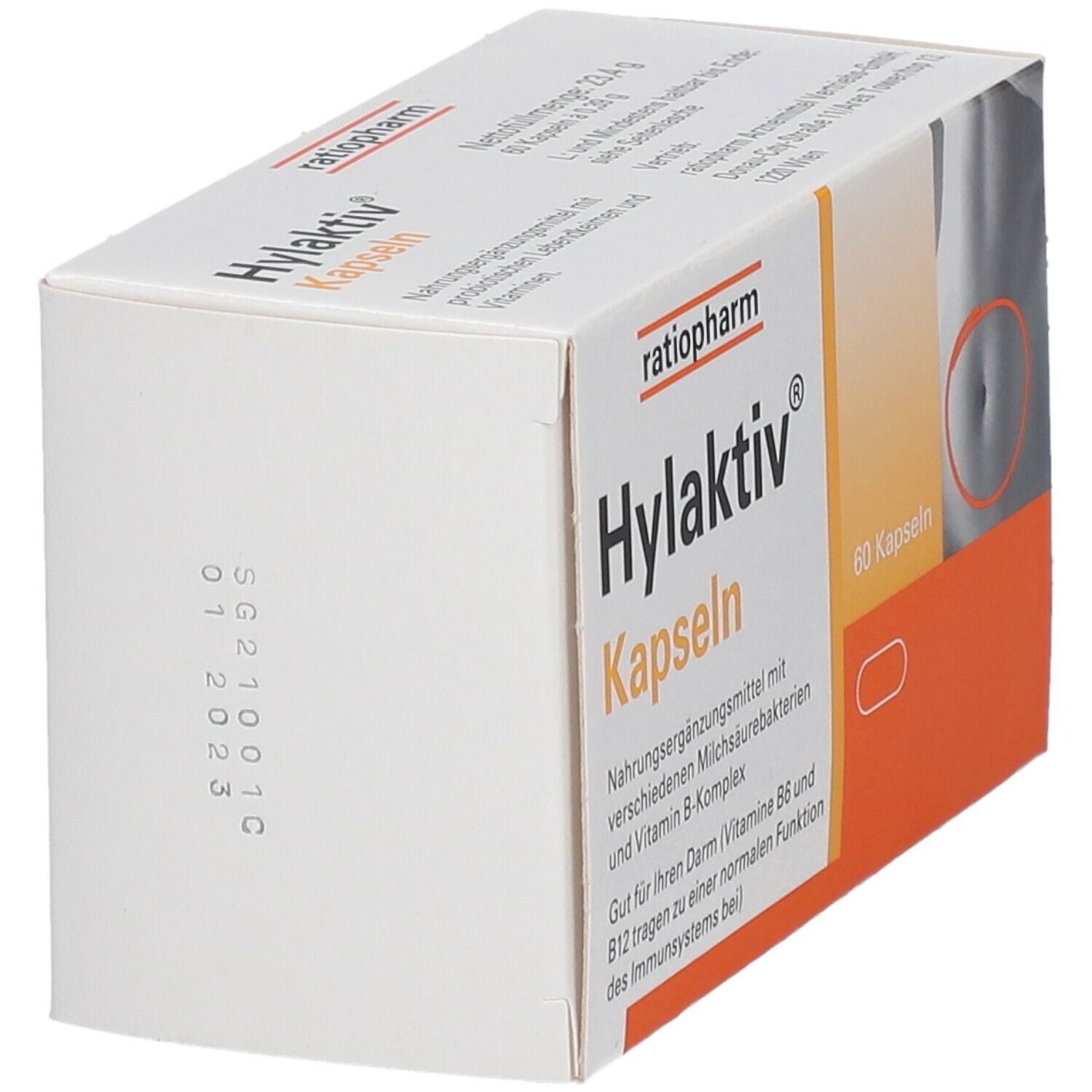 Schachtel "Hylaktiv Kapseln" von ratiopharm. 60 Kapseln. Weiße Verpackung mit orangefarbenem Akzent.