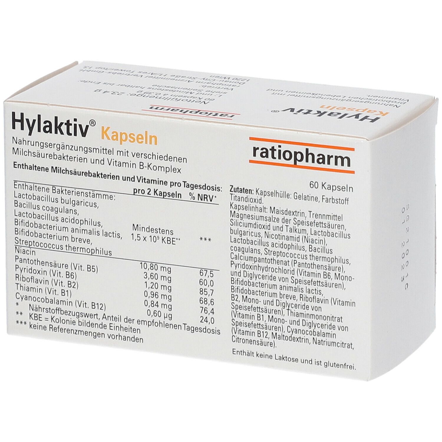 Schachtel "Hylaktiv Kapseln" mit Inhaltsangaben. Enthält Milchsäurebakterien und Vitamin B-Komplex. 60 Kapseln.
