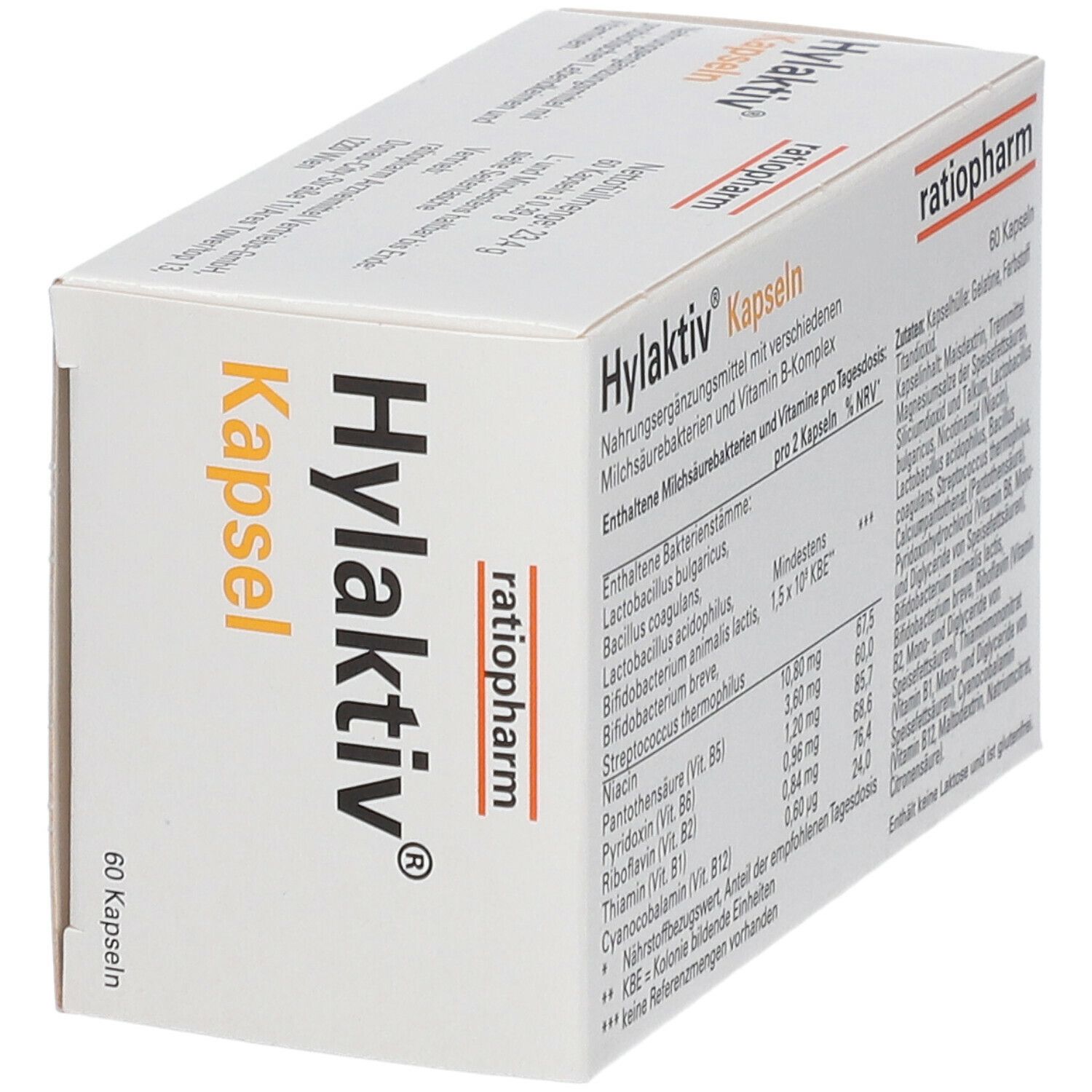 Schachtel "Hylaktiv Kapseln" von ratiopharm. 60 Kapseln. Weiße Verpackung mit orangefarbenem Akzent.
