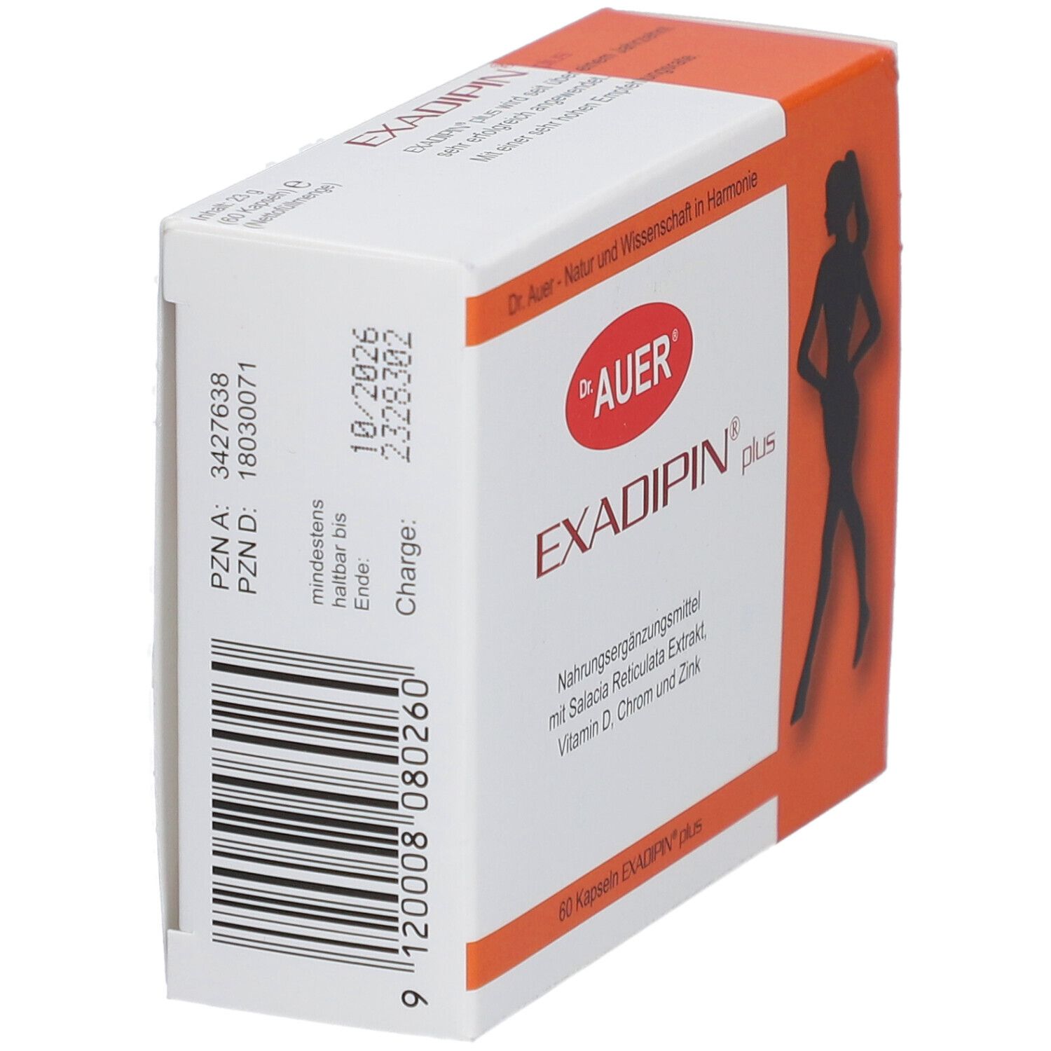 Exadipin plus-Verpackung. Seitenansicht mit Barcode, Haltbarkeitsdatum und Chargennummer. Weiß-orangefarbener Karton.
