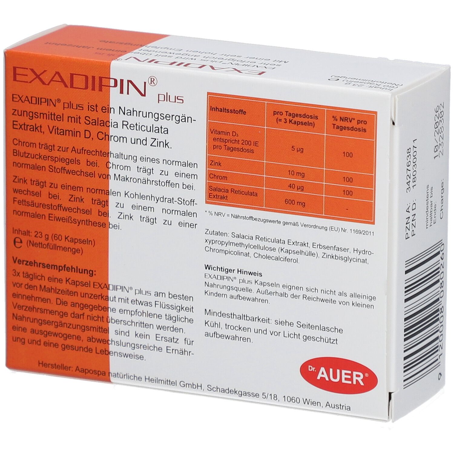 Exadipin plus-Verpackung. Rückseite mit Inhaltsstofftabelle und Verzehrempfehlung. Weiß-orangefarbener Karton.