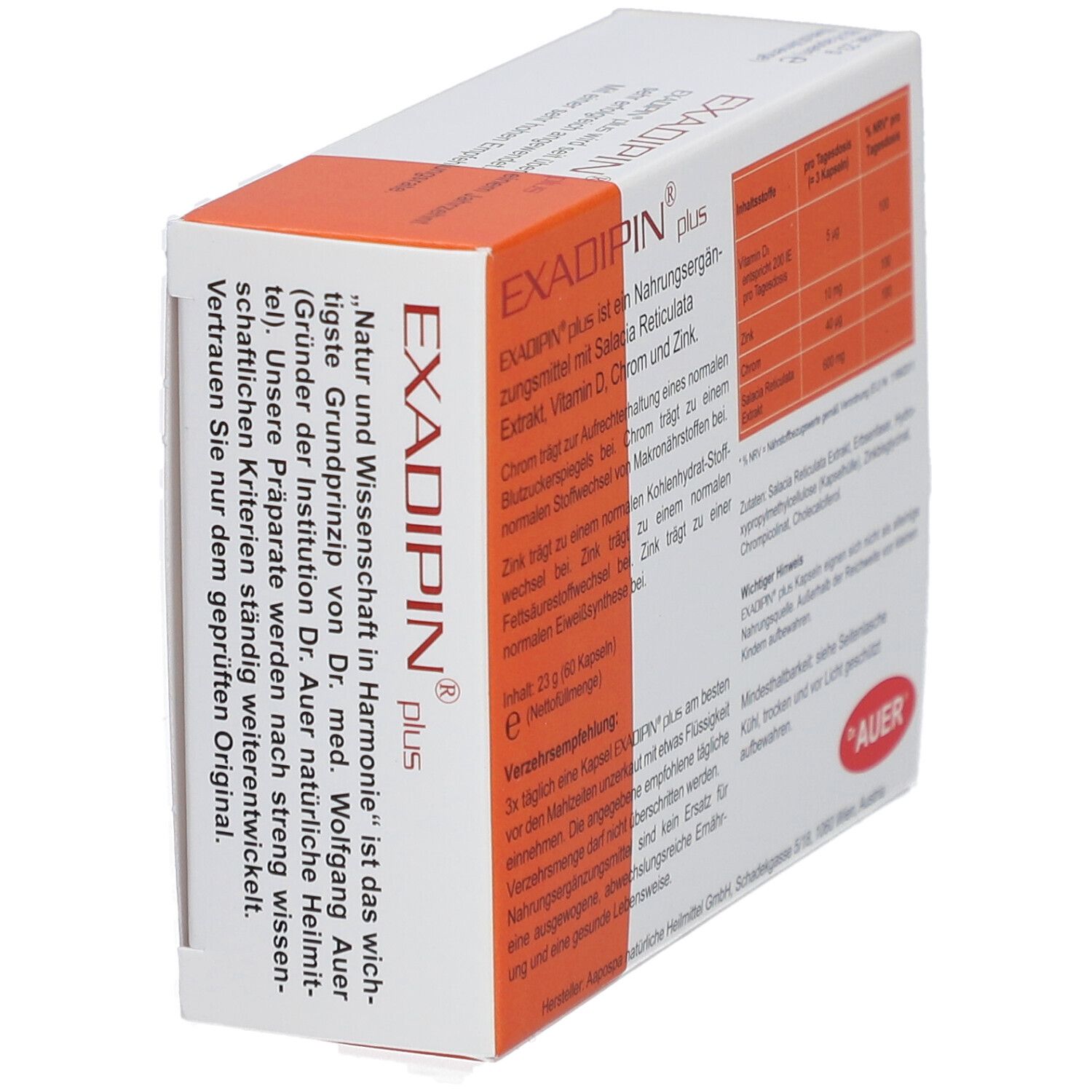 Exadipin plus-Verpackung. Seitenansicht mit Text. Weiß-orangefarbener Karton mit Produktnamen und Logo.