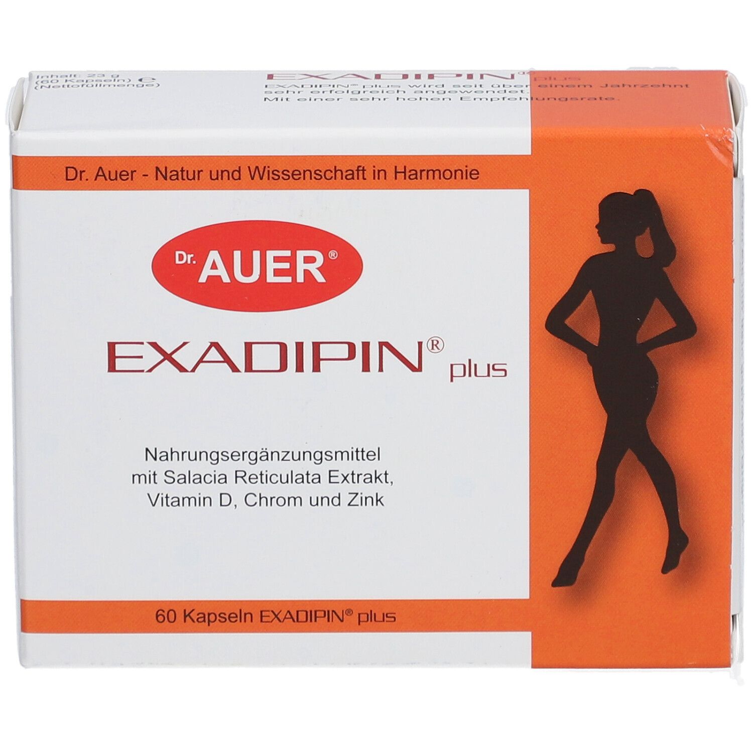 Exadipin plus-Verpackung. Weiß-orangefarbener Karton mit Produktnamen, Logo und Inhaltsstoffen. 60 Kapseln.