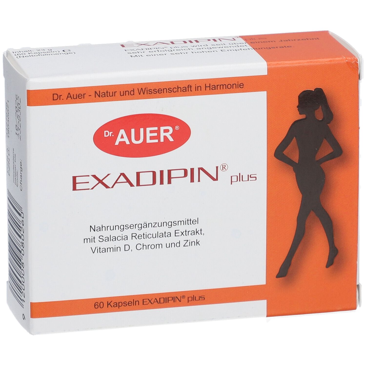 Exadipin plus-Verpackung. Weiß-orangefarbener Karton mit Produktnamen, Logo und Inhaltsstoffen. 60 Kapseln.