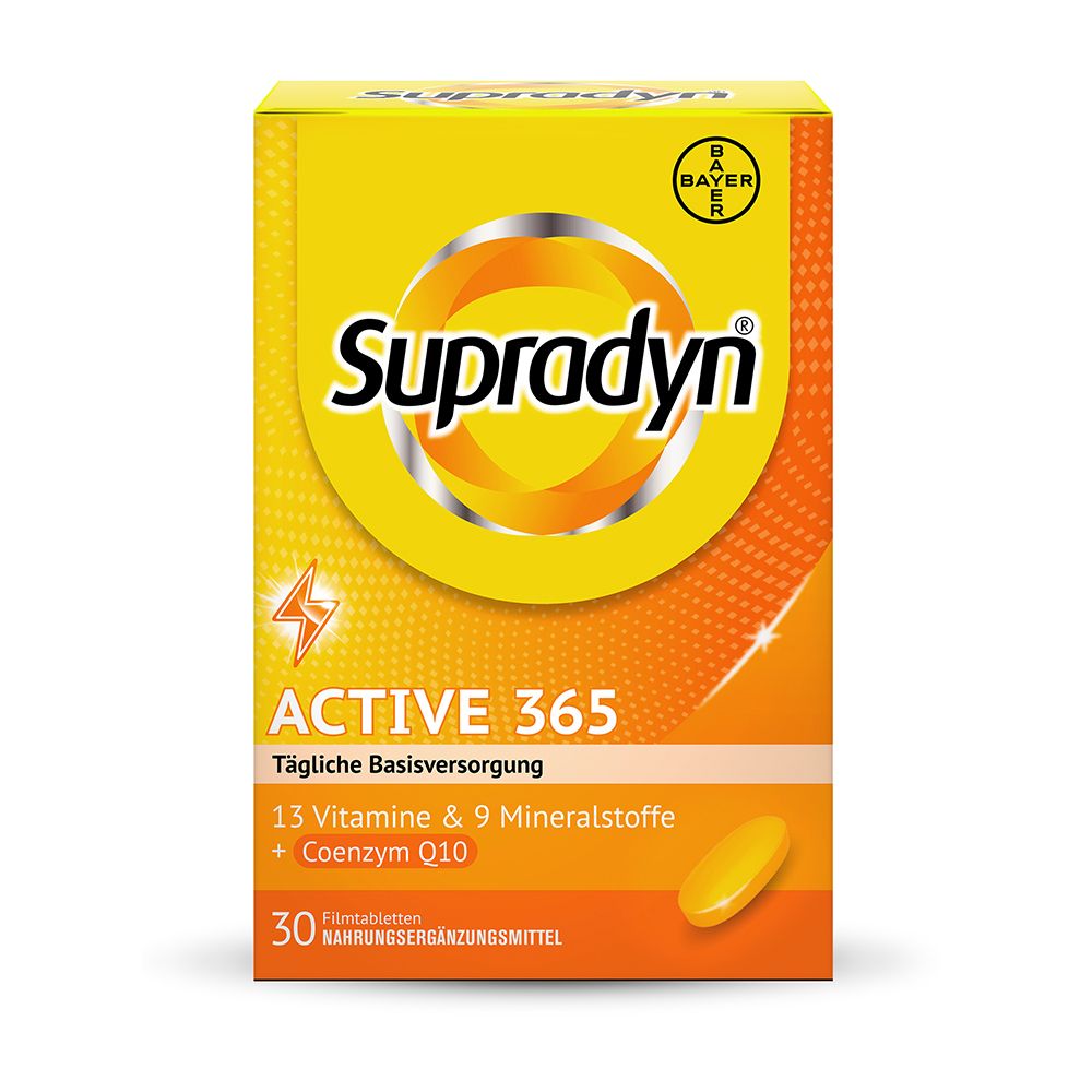 Gelbe Schachtel mit Supradyn ACTIVE 365 Filmtabletten. Enthält 13 Vitamine, 9 Mineralstoffe und Coenzym Q10.