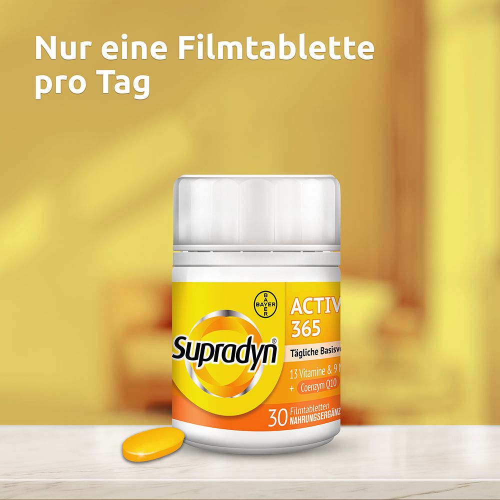 Tablettenflasche mit Supradyn ACTIVE 365. Text: Nur eine Filmtablette pro Tag.