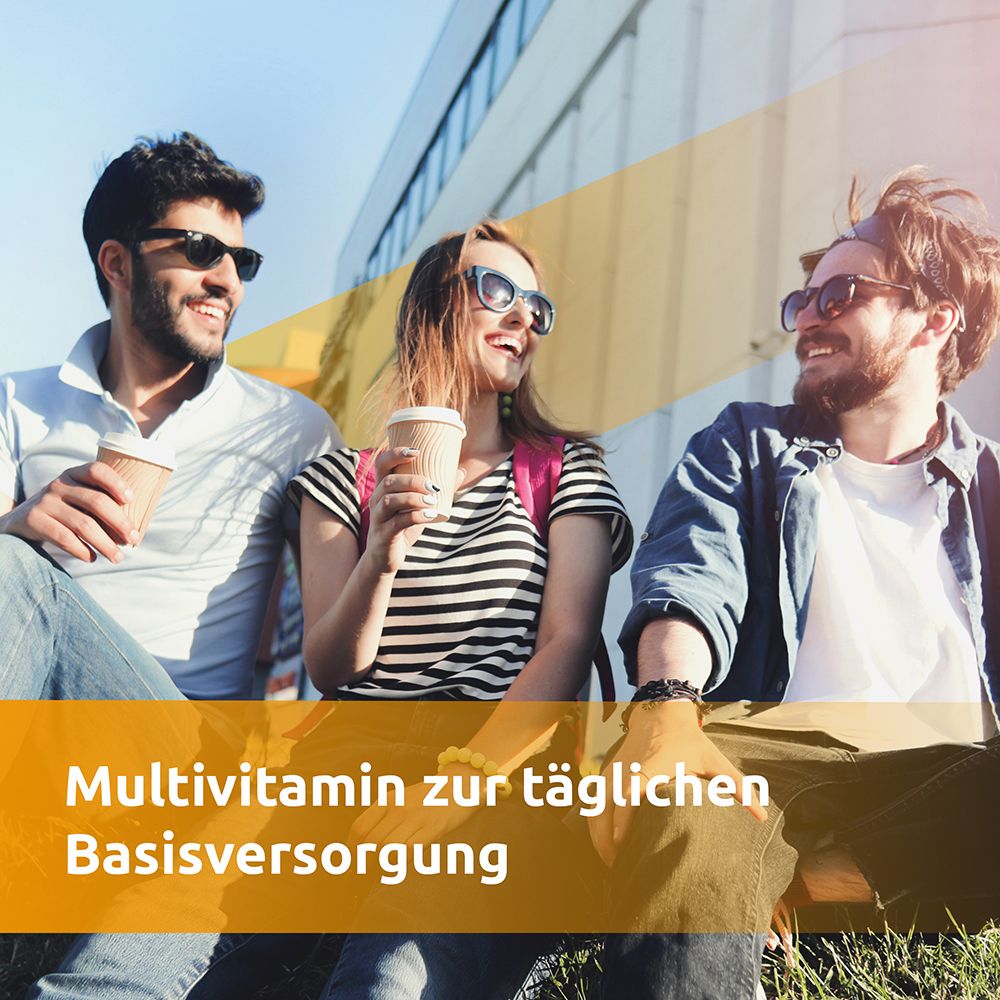 Drei Personen mit Sonnenbrillen. Text: Multivitamin zur täglichen Basisversorgung.