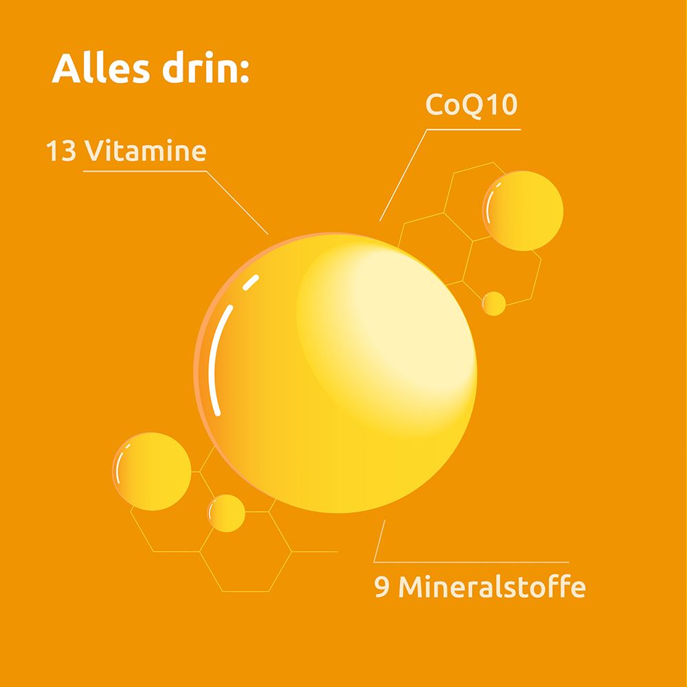 Gelbe Abbildung mit gelben Kugeln und Text: 13 Vitamine, 9 Mineralstoffe, CoQ10.