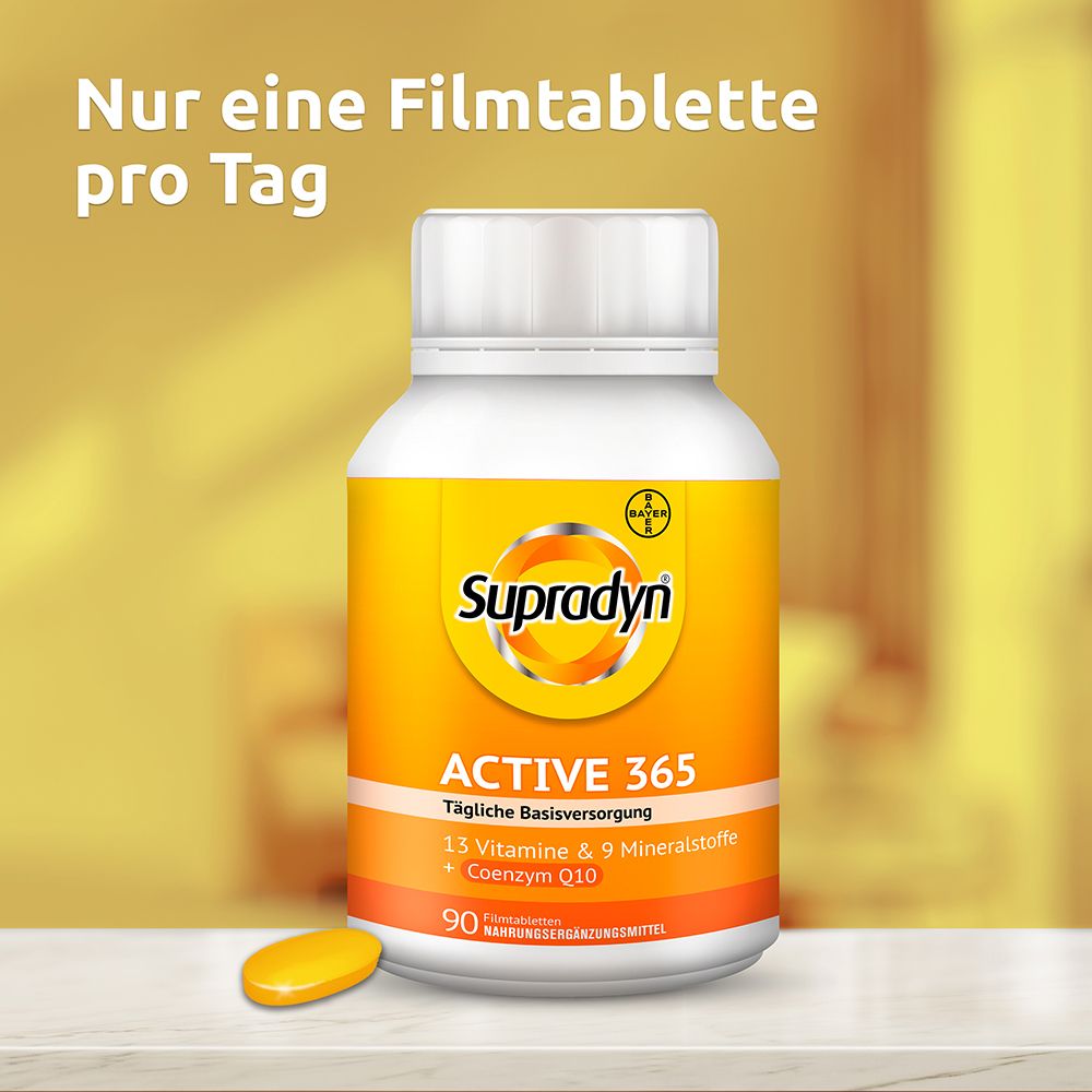 Weiße Flasche mit Supradyn ACTIVE. Enthält 90 Filmtabletten. Text: 13 Vitamine & 9 Mineralstoffe.